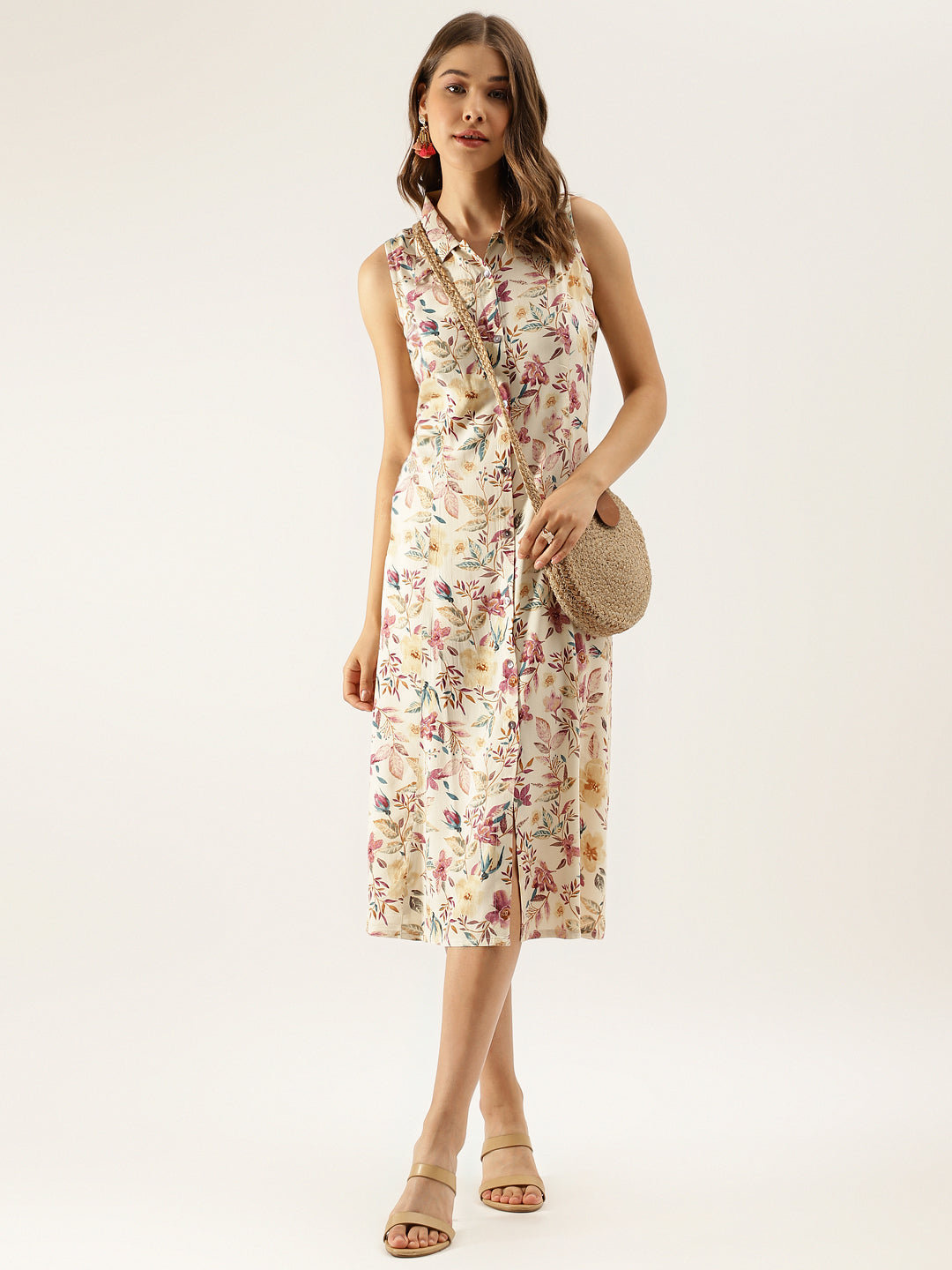 Cream Floral Printed Rayon Party Wear Midi Dress
