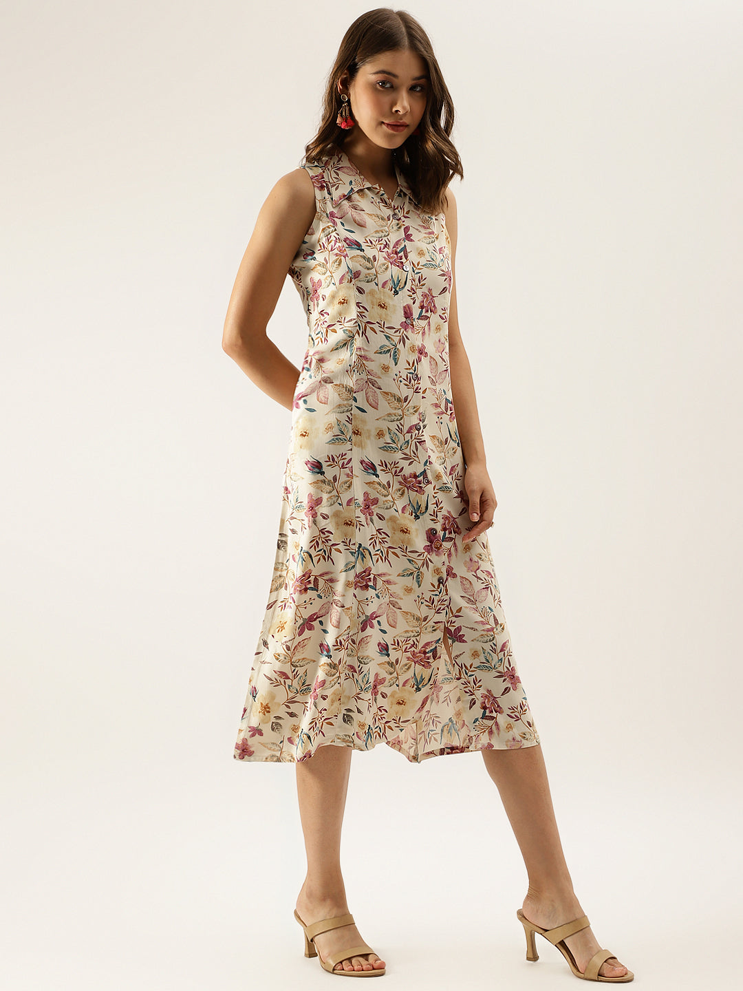 Cream Floral Printed Rayon Party Wear Midi Dress