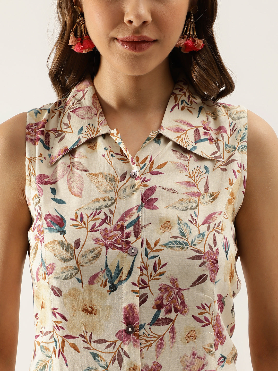 Cream Floral Printed Rayon Party Wear Midi Dress