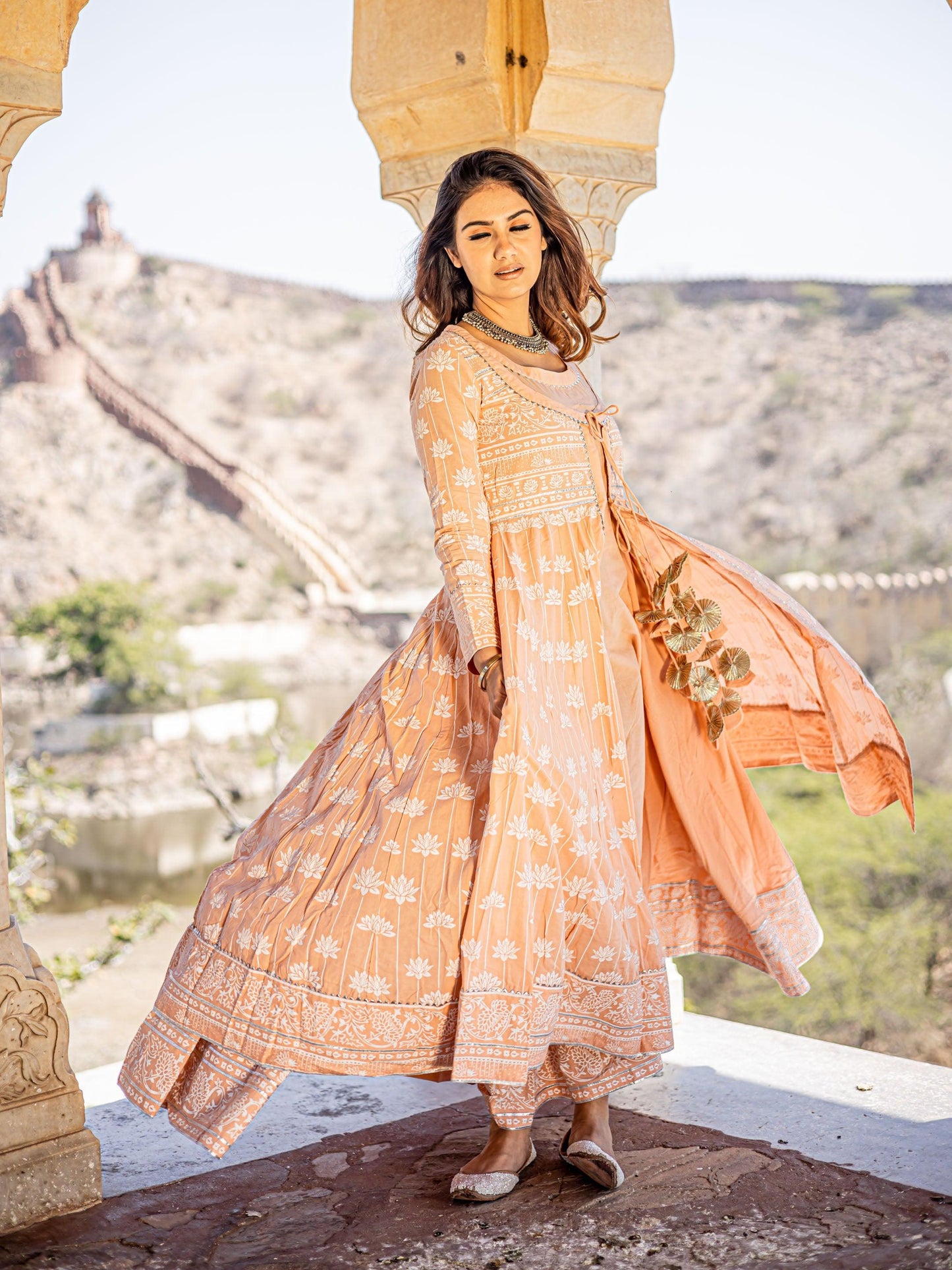 Divena Peach Double Layered Cotton Flared Kurta with Jacket - divenaworld.com