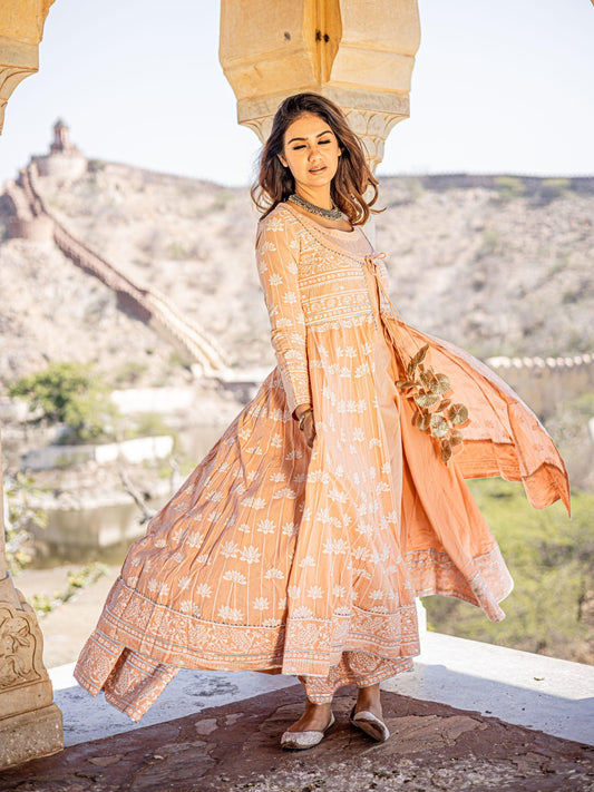Divena Peach Double Layered Cotton Flared Kurta with Jacket - divenaworld.com