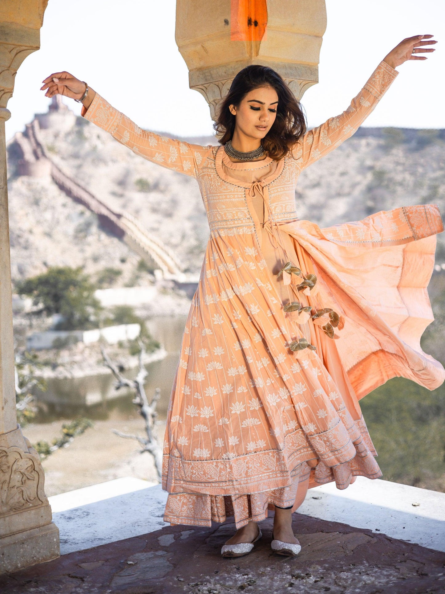 Divena Peach Double Layered Cotton Flared Kurta with Jacket - divenaworld.com