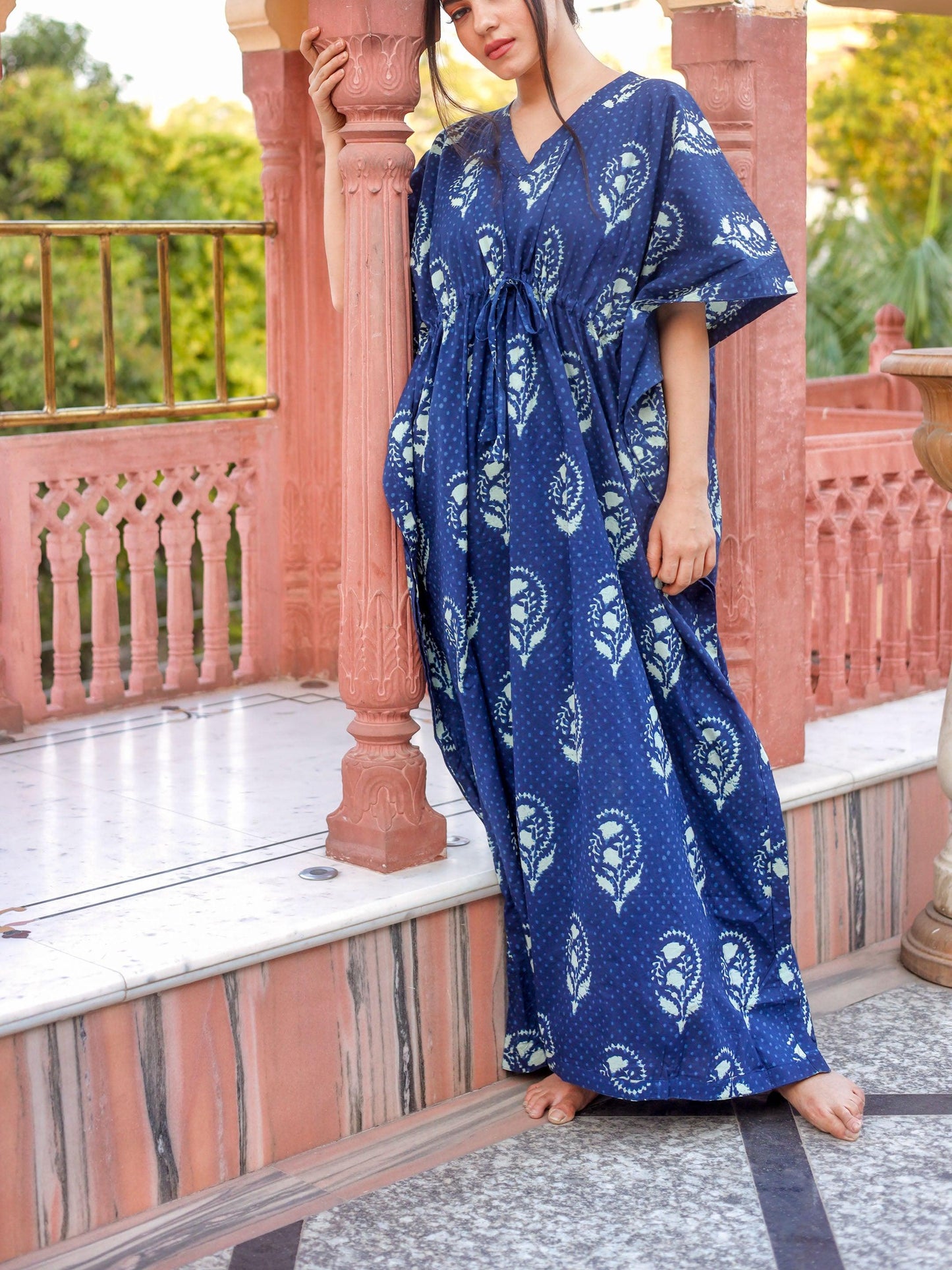 Divena Blue Floral Cotton Kaftan - divenaworld.com