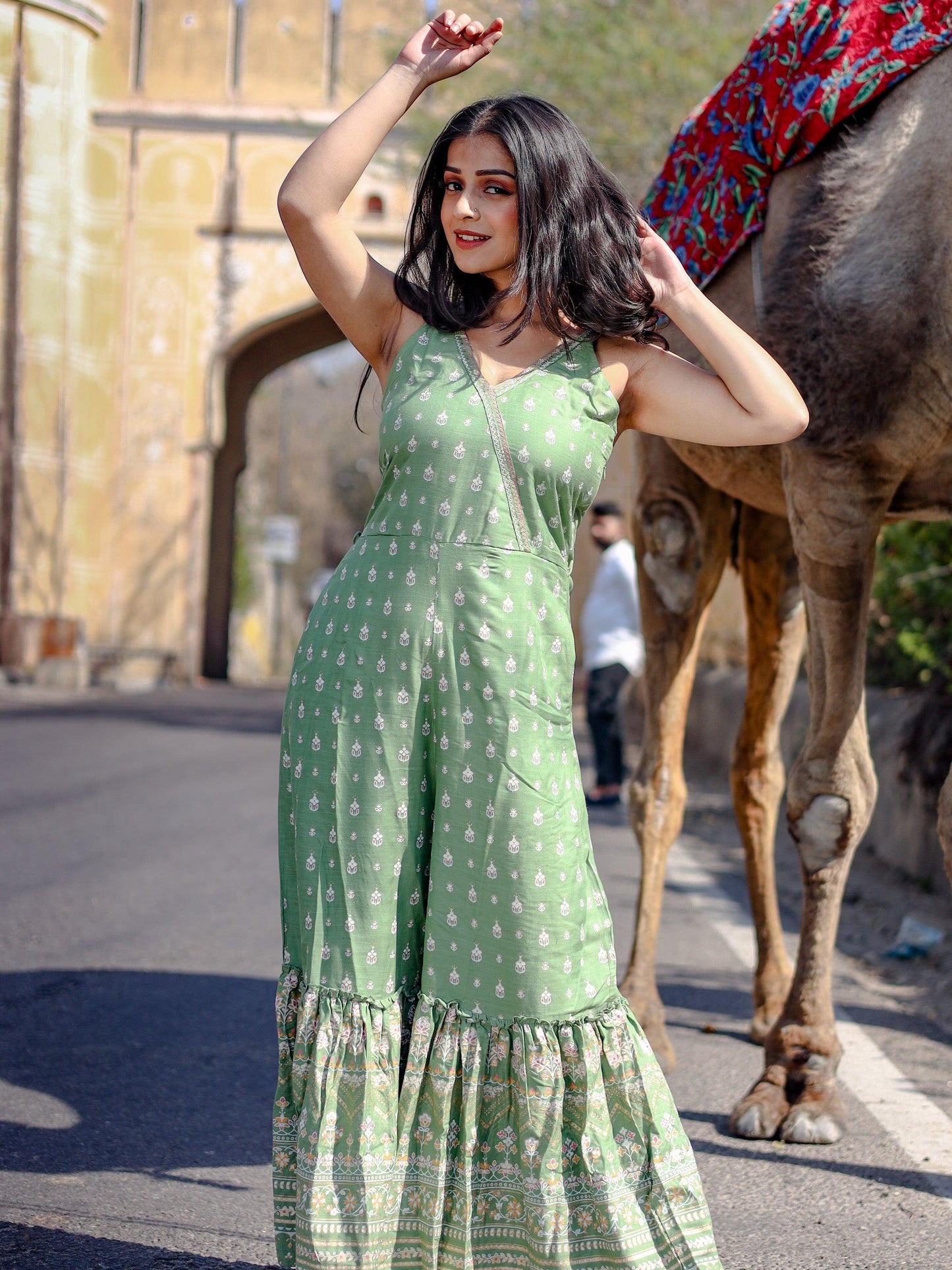 Divena Green Angrakha Shoulder Strips Jumpsuit - divenaworld.com