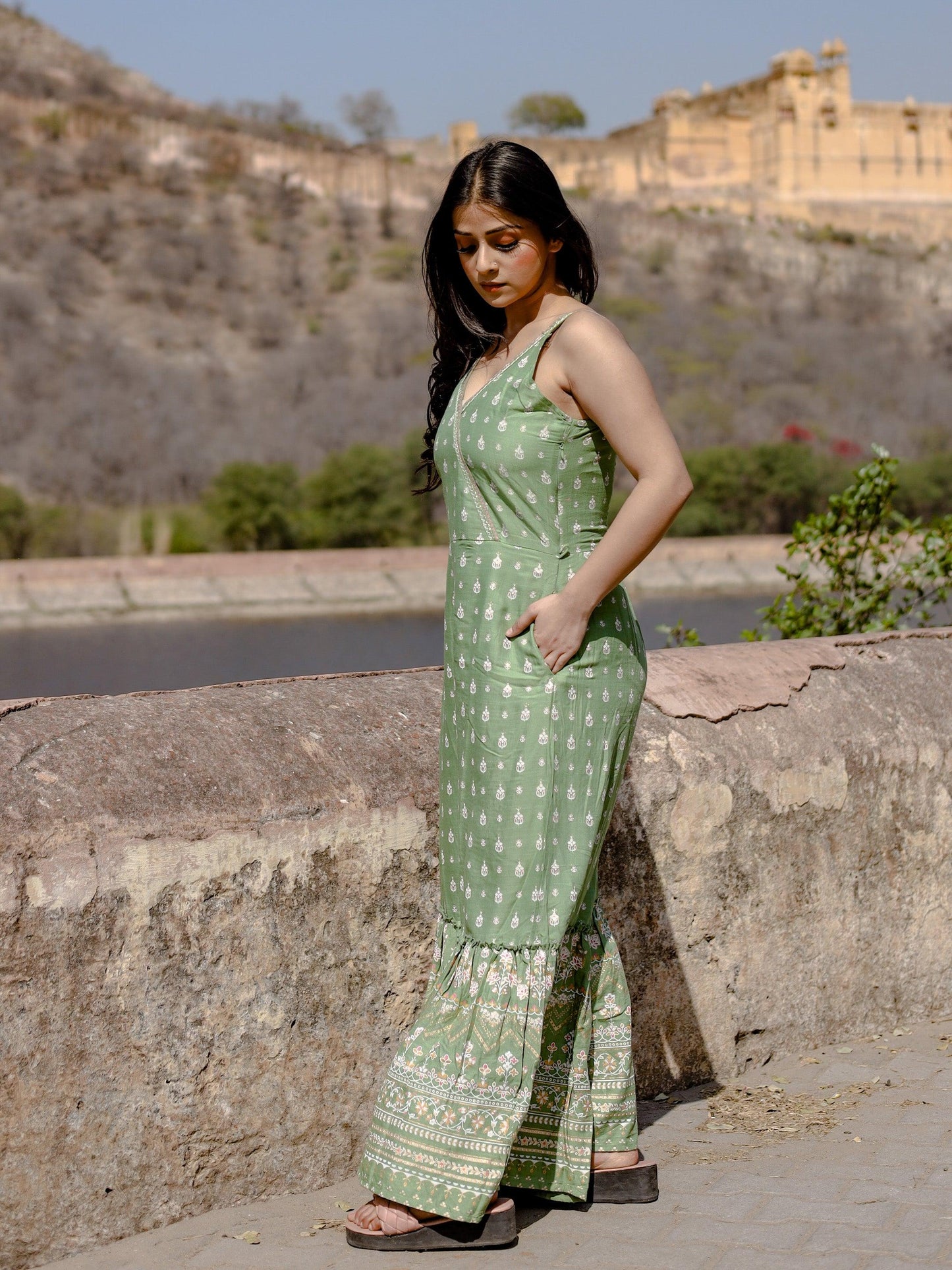 Divena Green Angrakha Shoulder Strips Jumpsuit - divenaworld.com