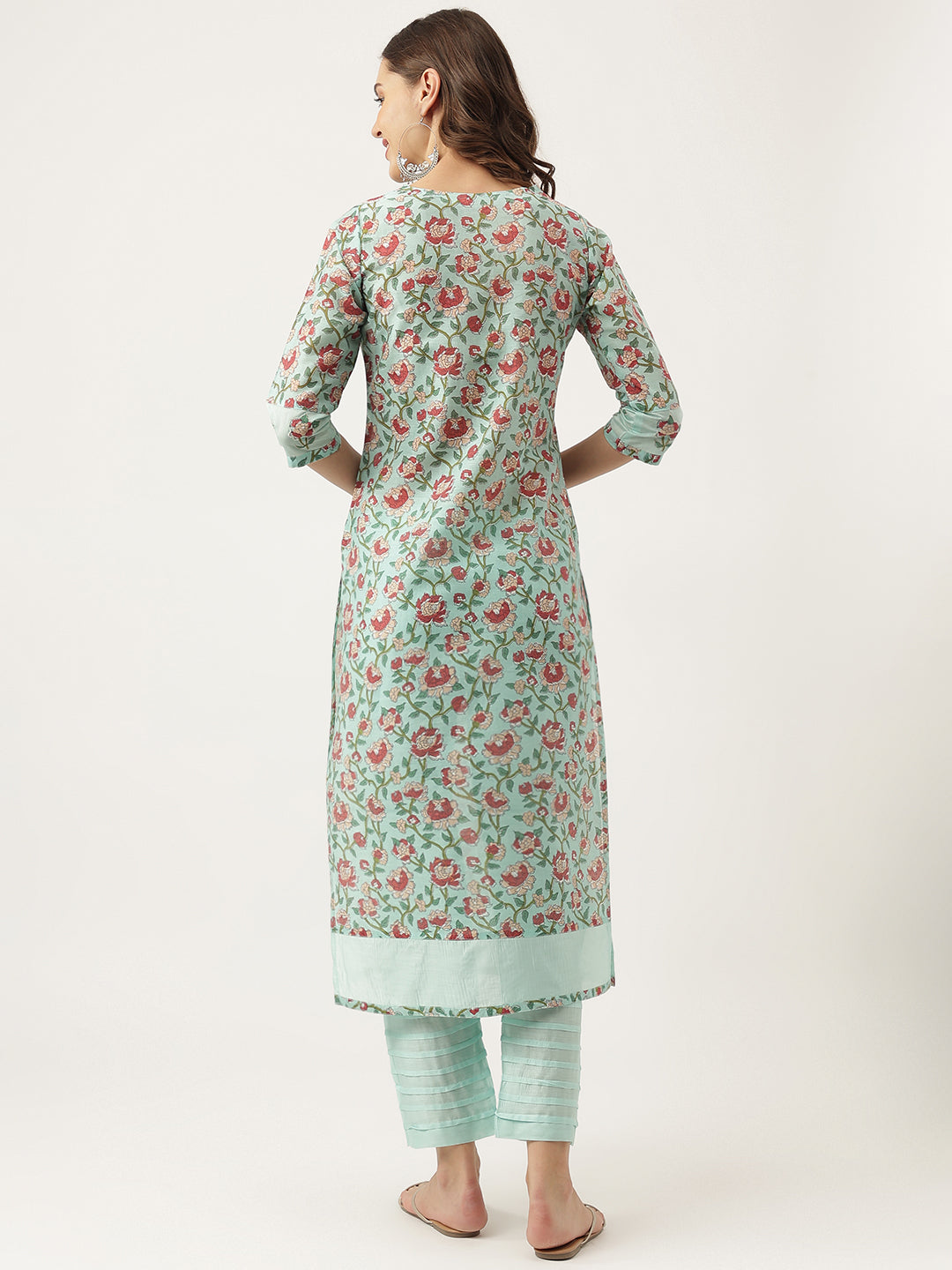 Green Ethnic Chanderi Floral Printed Kurta with Pant Set