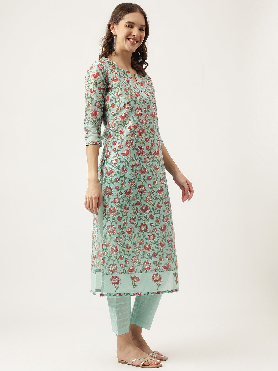 Green Ethnic Chanderi Floral Printed Kurta with Pant Set