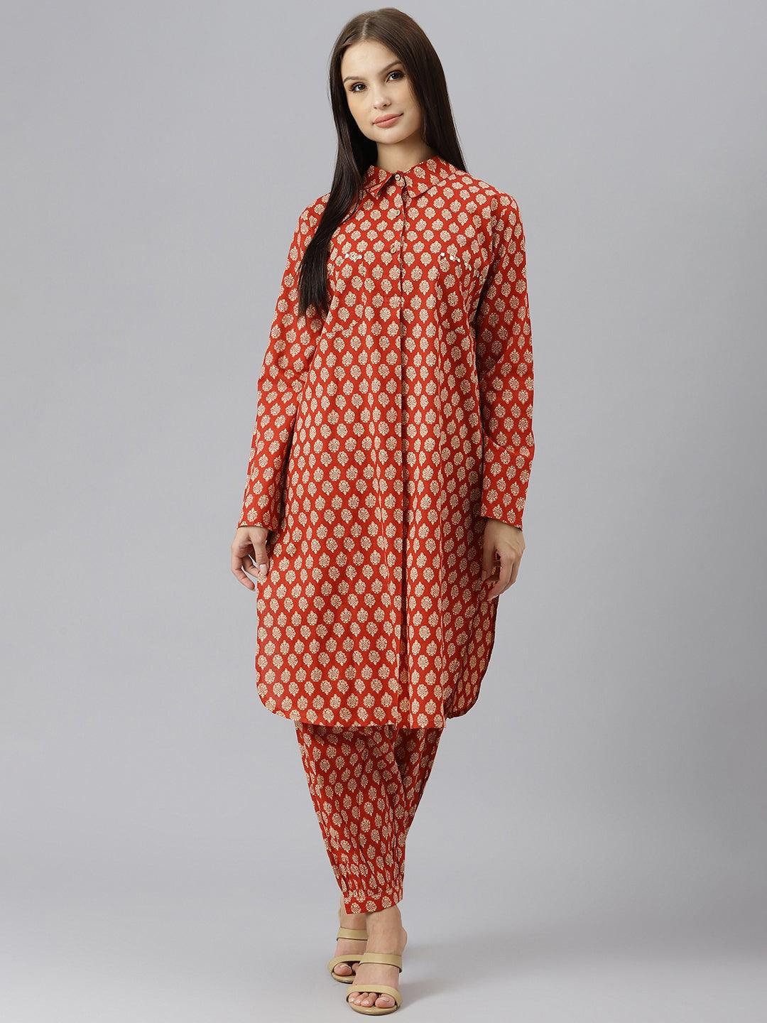 Divena Maroon Cotton Shirt Style Kurta Hem Cuffed Pant Co-ord Set - divena world