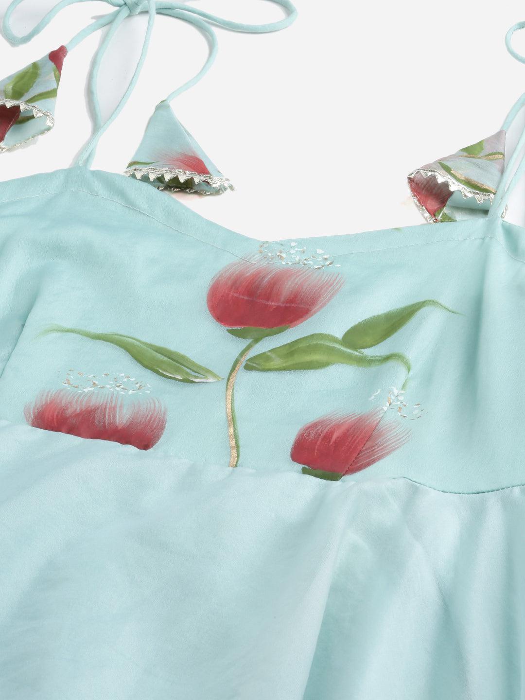 Divena Sky Blue Hand Painted Floral Organza Anarkali Kurta Pant Set with Dupatta - divena world