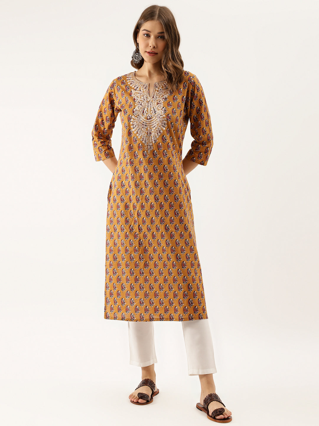 Brown Ethnic Floral Printed Cotton Zari Work Kurta