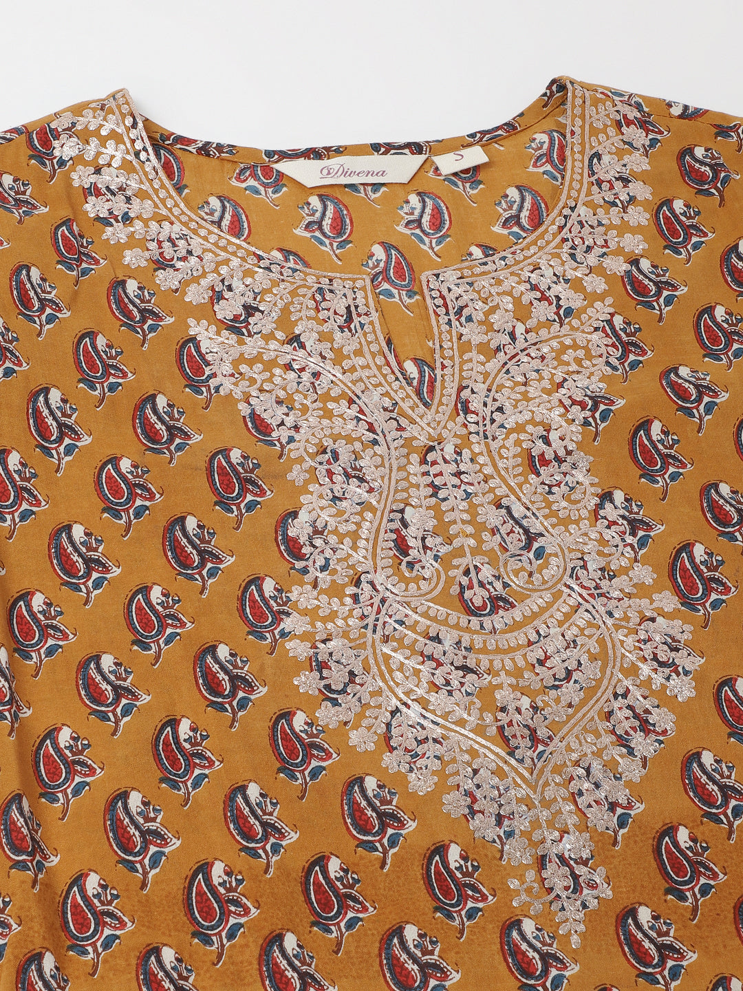 Brown Ethnic Floral Printed Cotton Zari Work Kurta