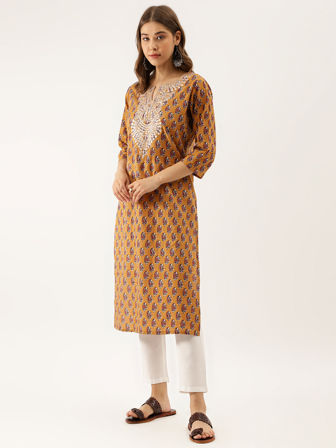 Brown Ethnic Floral Printed Cotton Zari Work Kurta