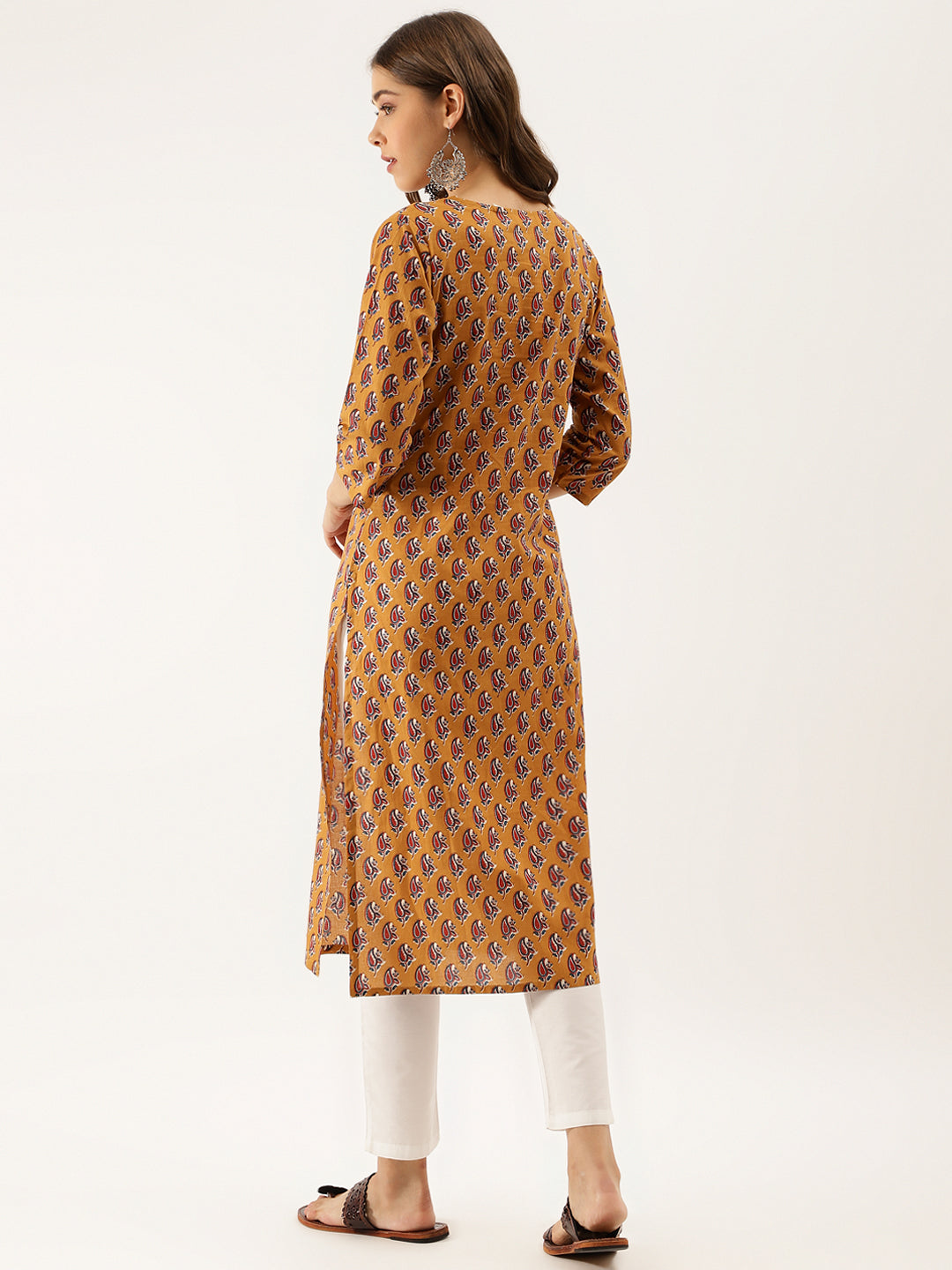 Brown Ethnic Floral Printed Cotton Zari Work Kurta