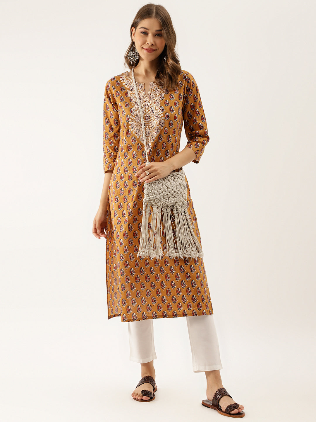 Brown Ethnic Floral Printed Cotton Zari Work Kurta