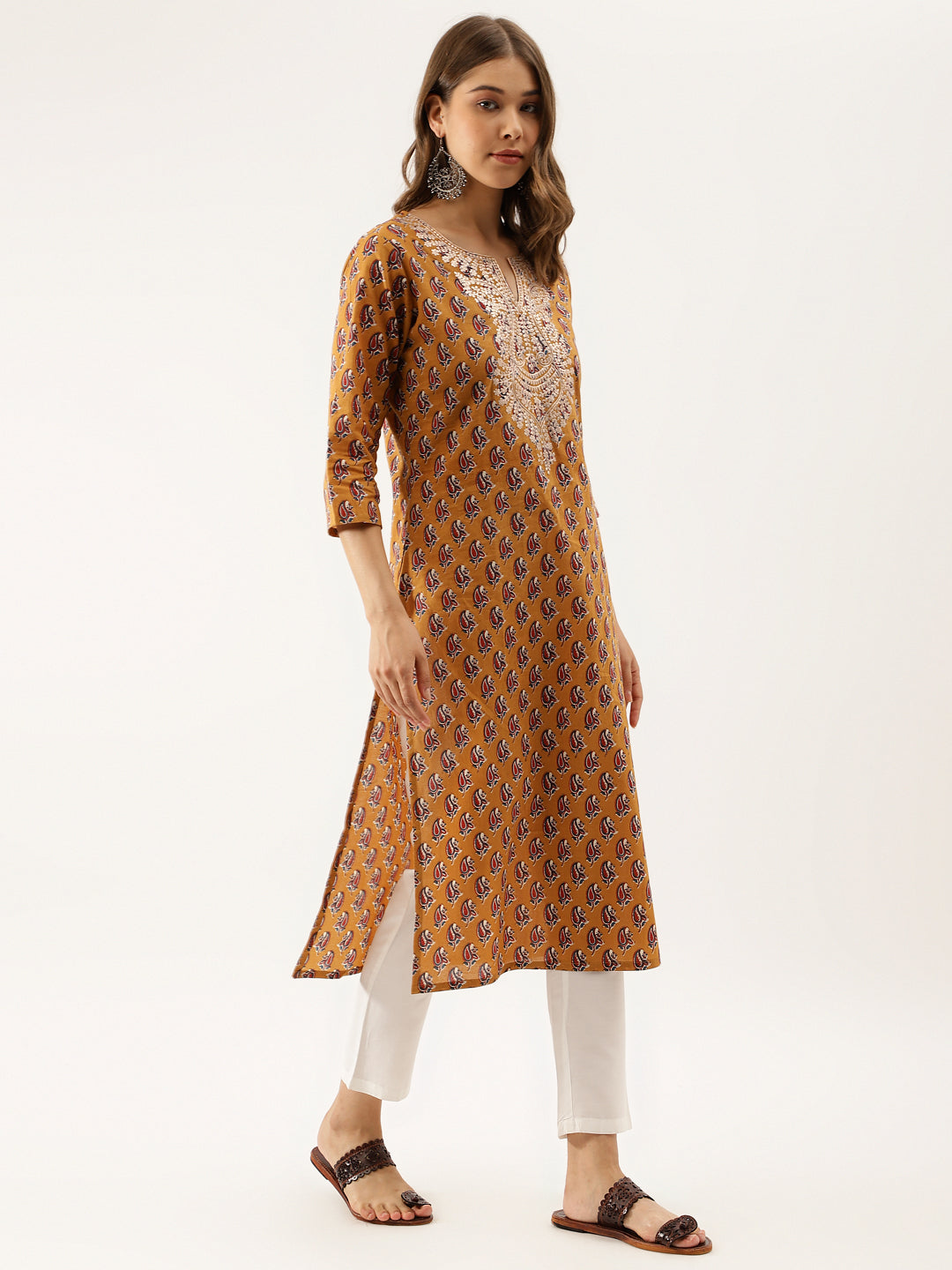 Brown Ethnic Floral Printed Cotton Zari Work Kurta