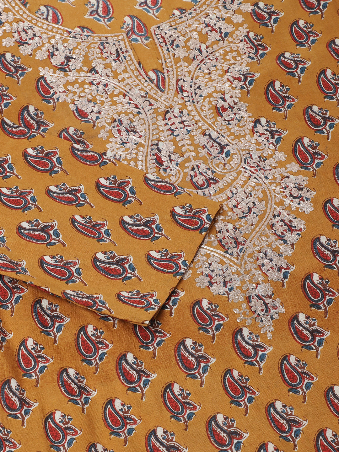 Brown Ethnic Floral Printed Cotton Zari Work Kurta