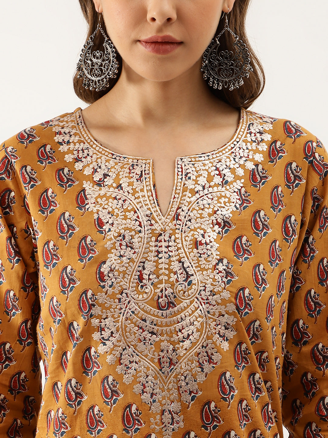Brown Ethnic Floral Printed Cotton Zari Work Kurta