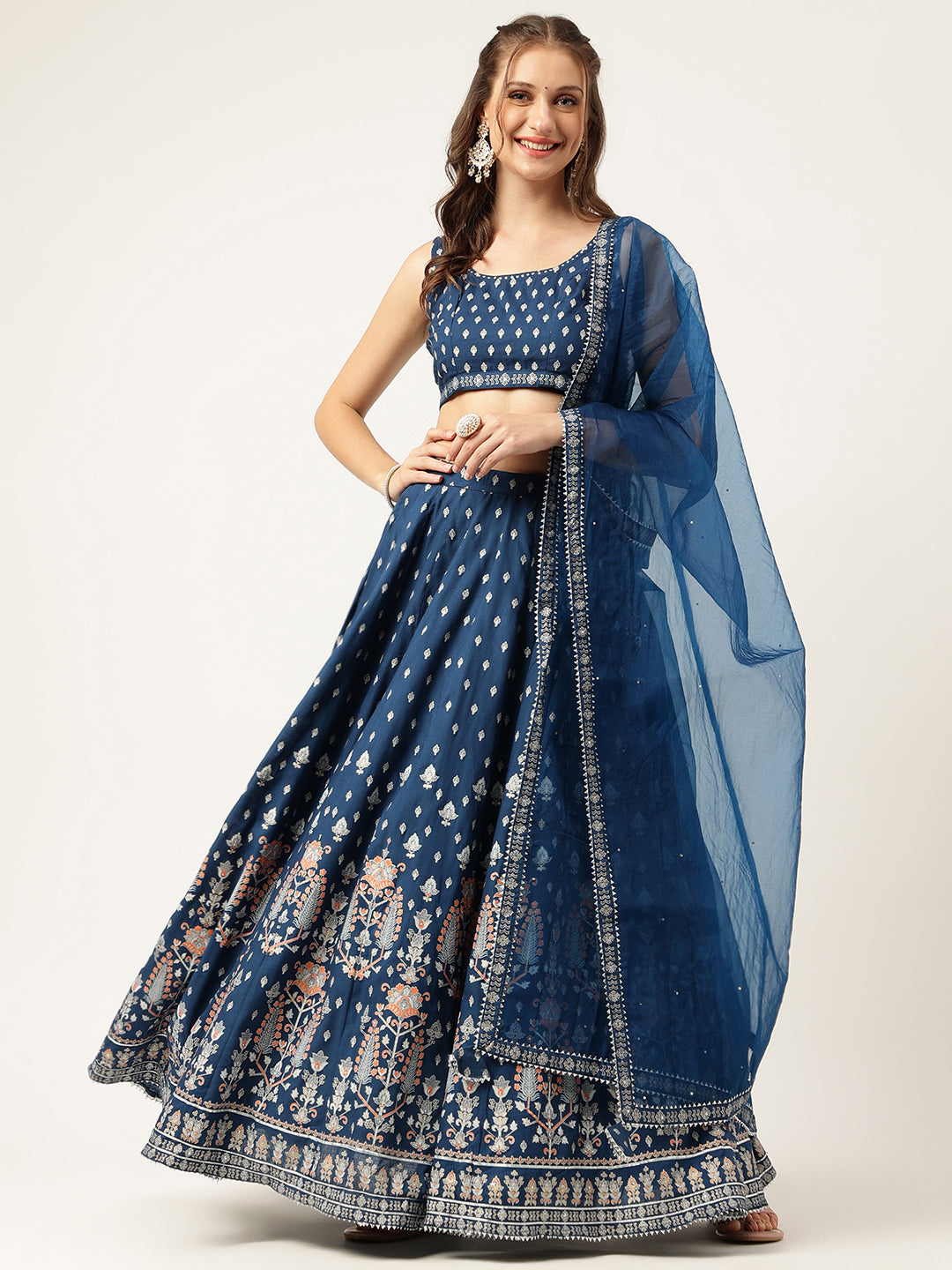 Party Wear Blue Rayon Flared Lehenga Choli Set with Organza Dupatta
