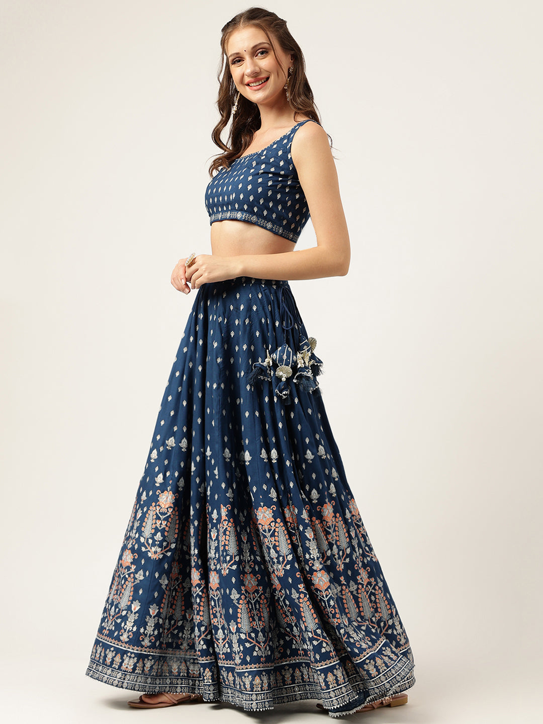 Party Wear Blue Rayon Flared Lehenga Choli Set with Organza Dupatta