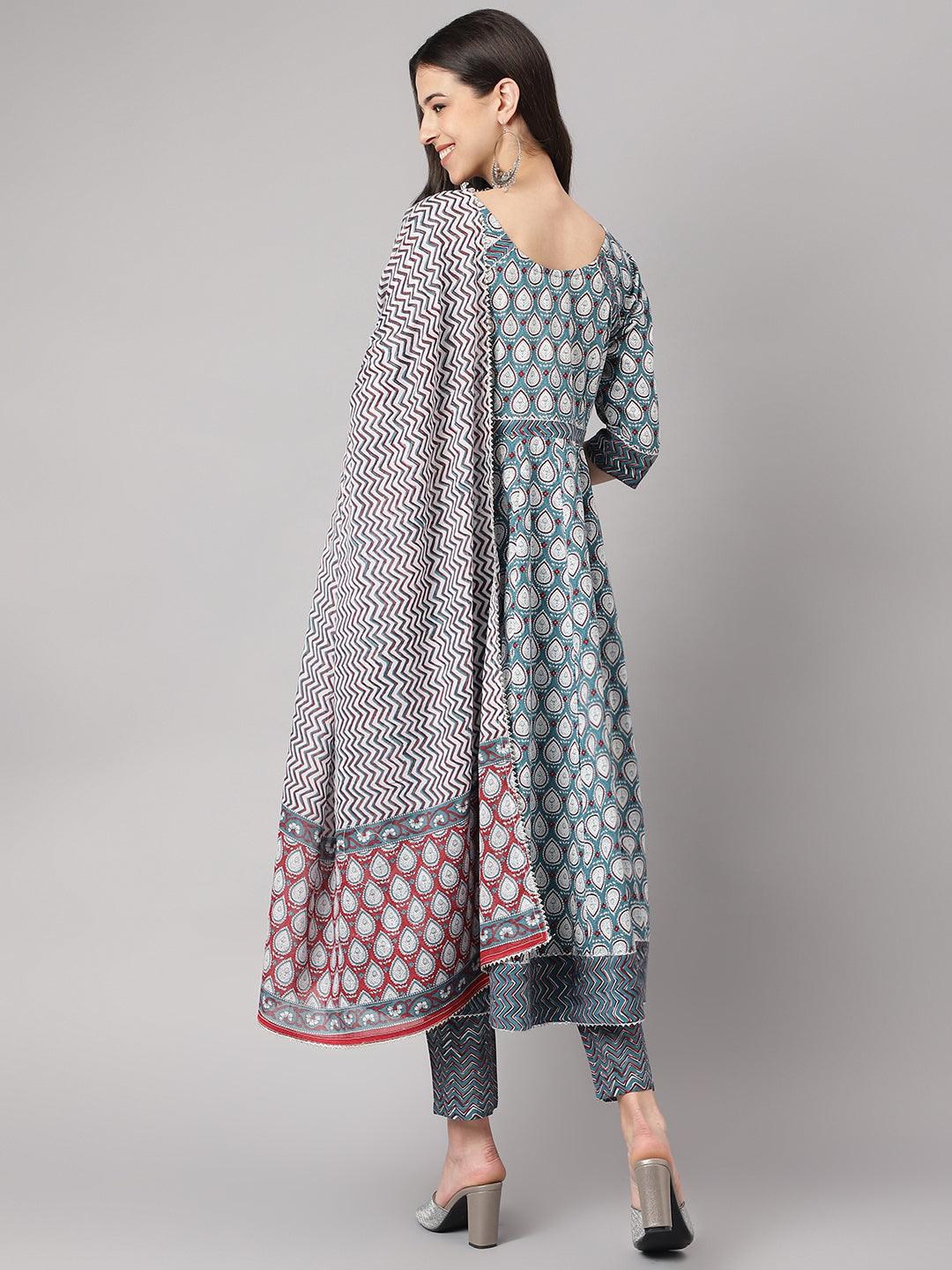 Divena Turquoise Blue Cotton Anakali Kurta pant set with Dupatta - divena world