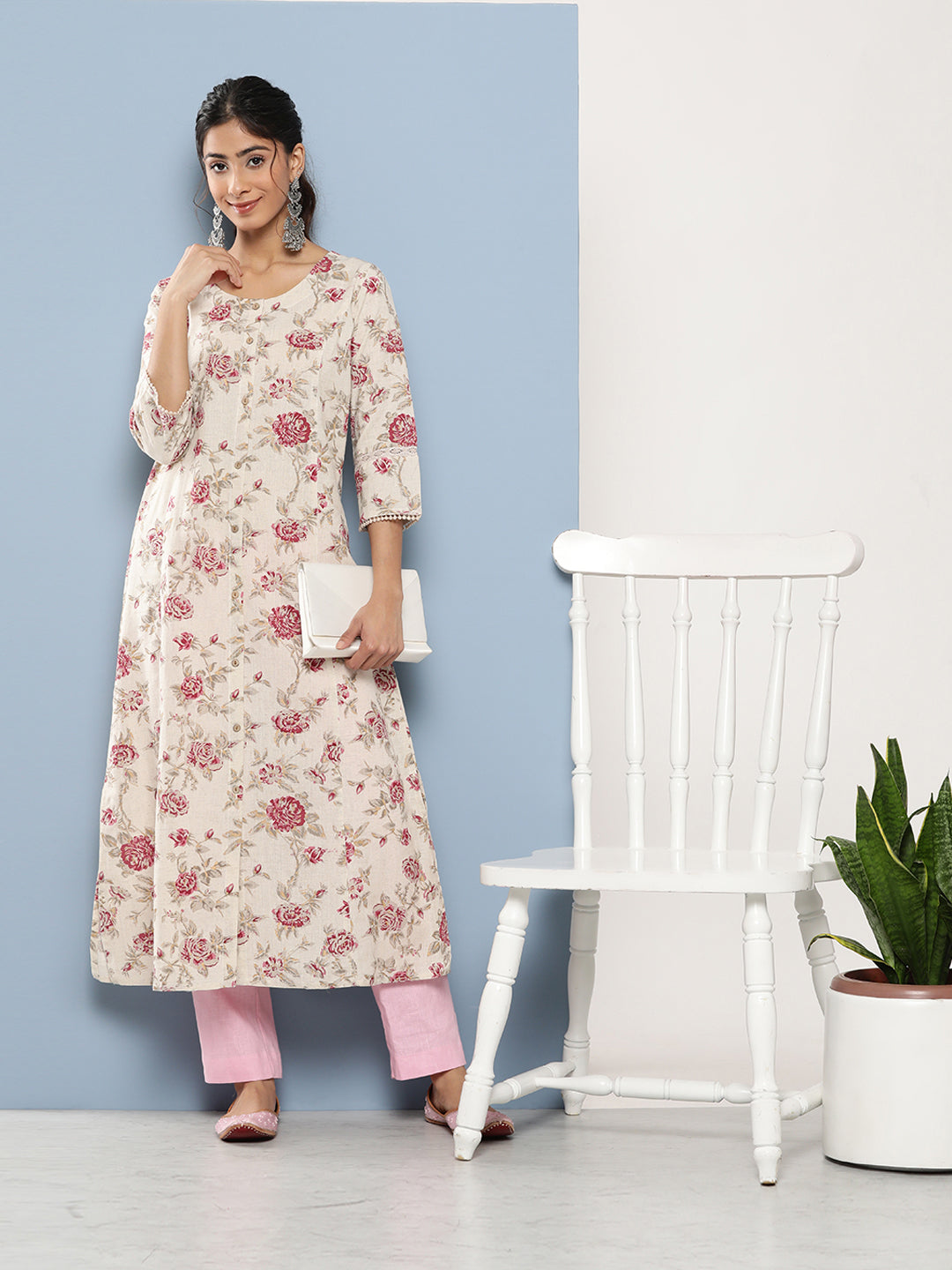 Ethnic Off White Women Floral Printed Cotton Kurta