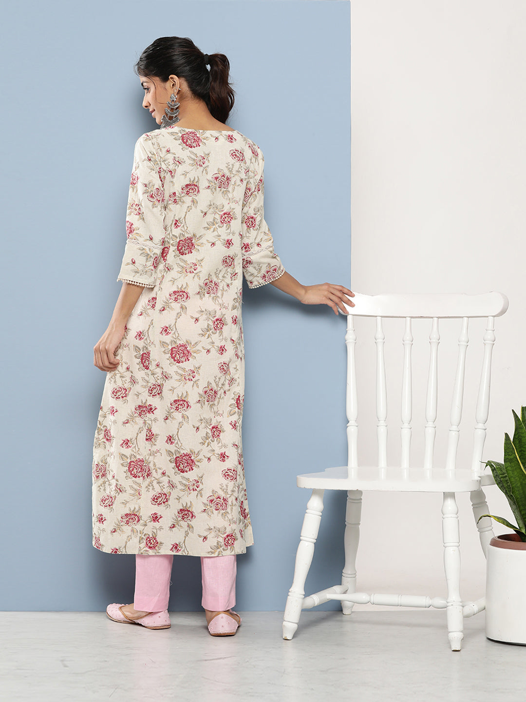 Ethnic Off White Women Floral Printed Cotton Kurta