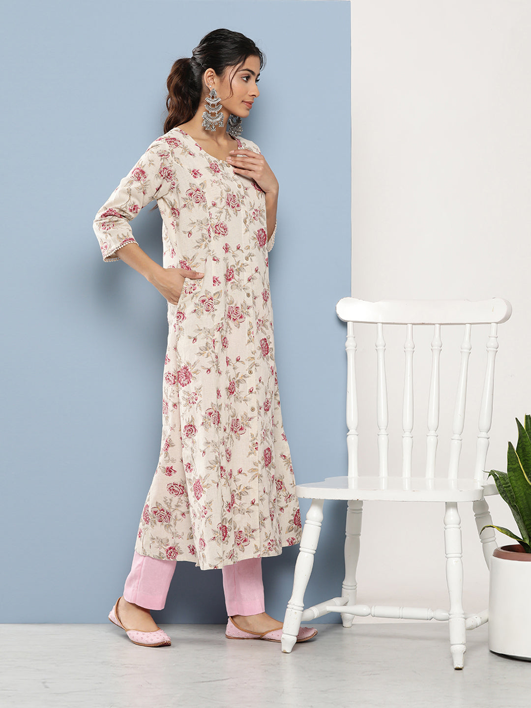 Ethnic Off White Women Floral Printed Cotton Kurta