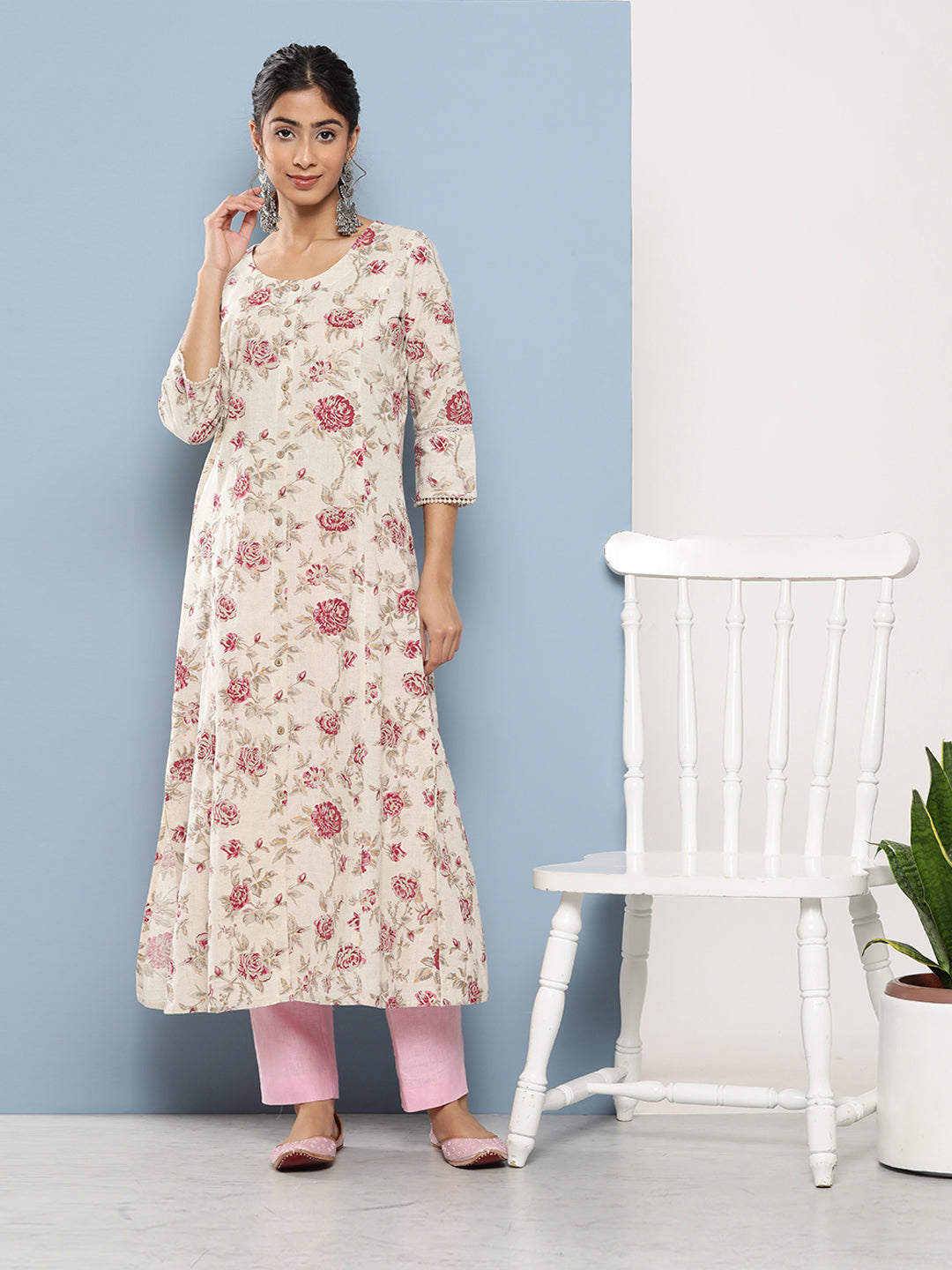 Ethnic Off White Women Floral Printed Cotton Kurta