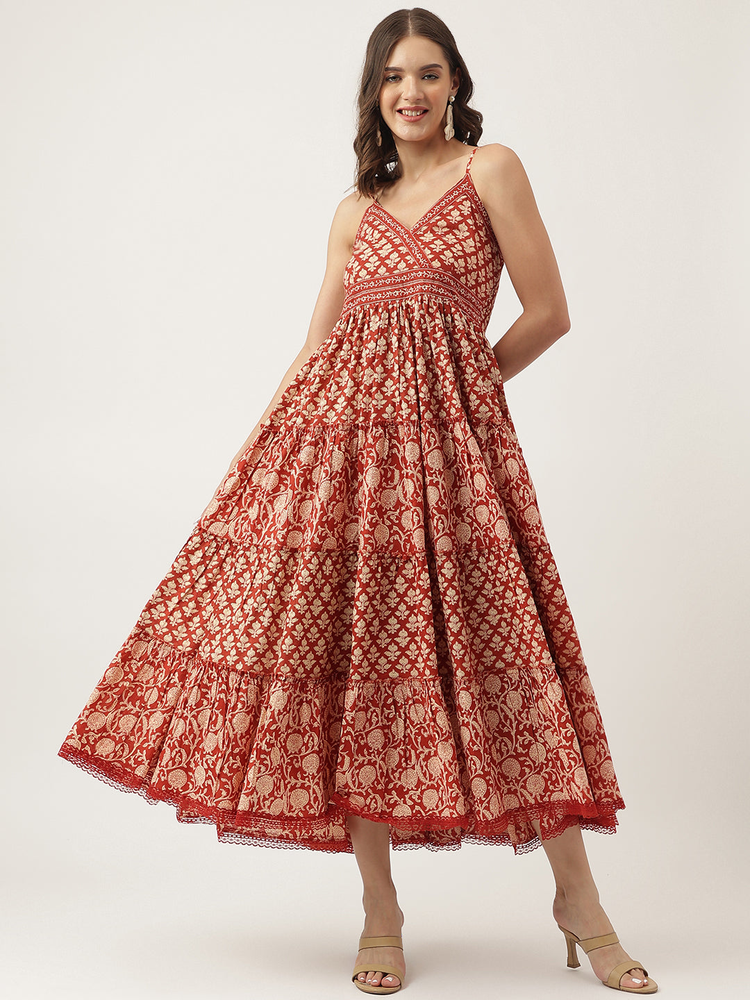 Party Wear Maroon Floral printed Cotton Dress with Smoking Back