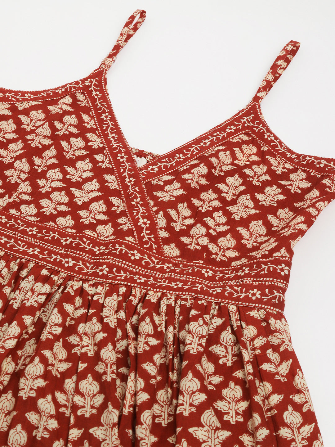 Party Wear Maroon Floral printed Cotton Dress with Smoking Back
