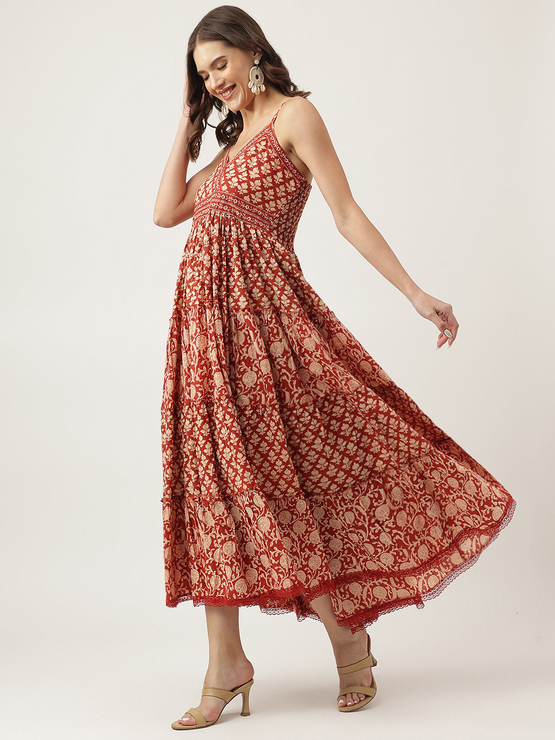 Party Wear Maroon Floral printed Cotton Dress with Smoking Back