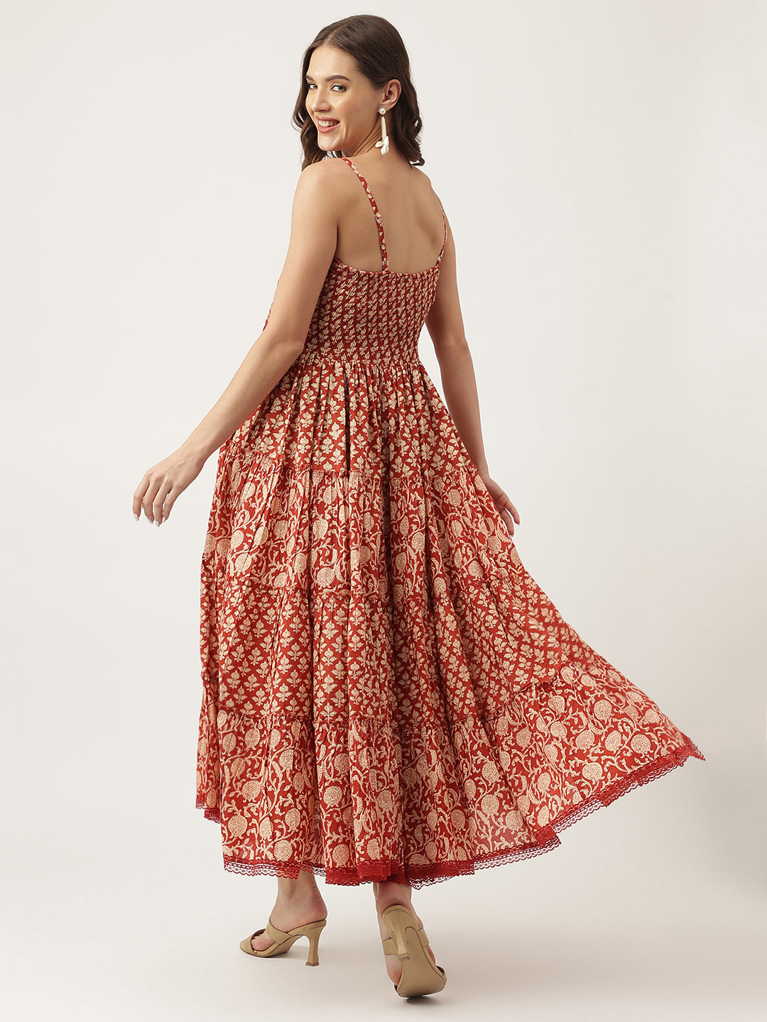 Party Wear Maroon Floral printed Cotton Dress with Smoking Back