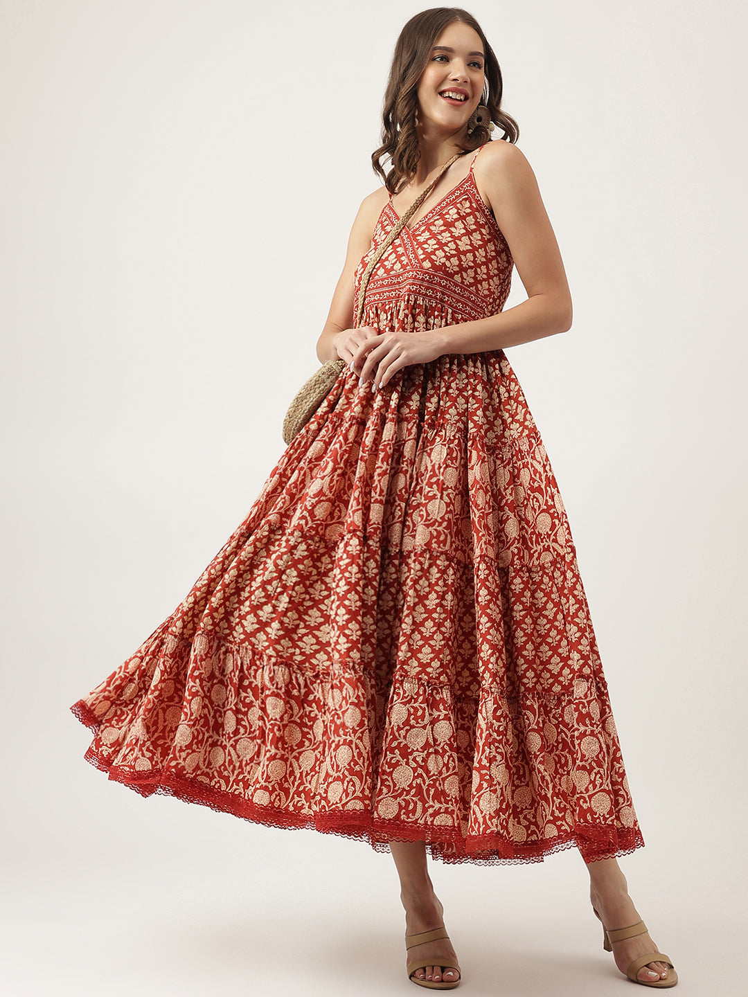 Party Wear Maroon Floral printed Cotton Dress with Smoking Back