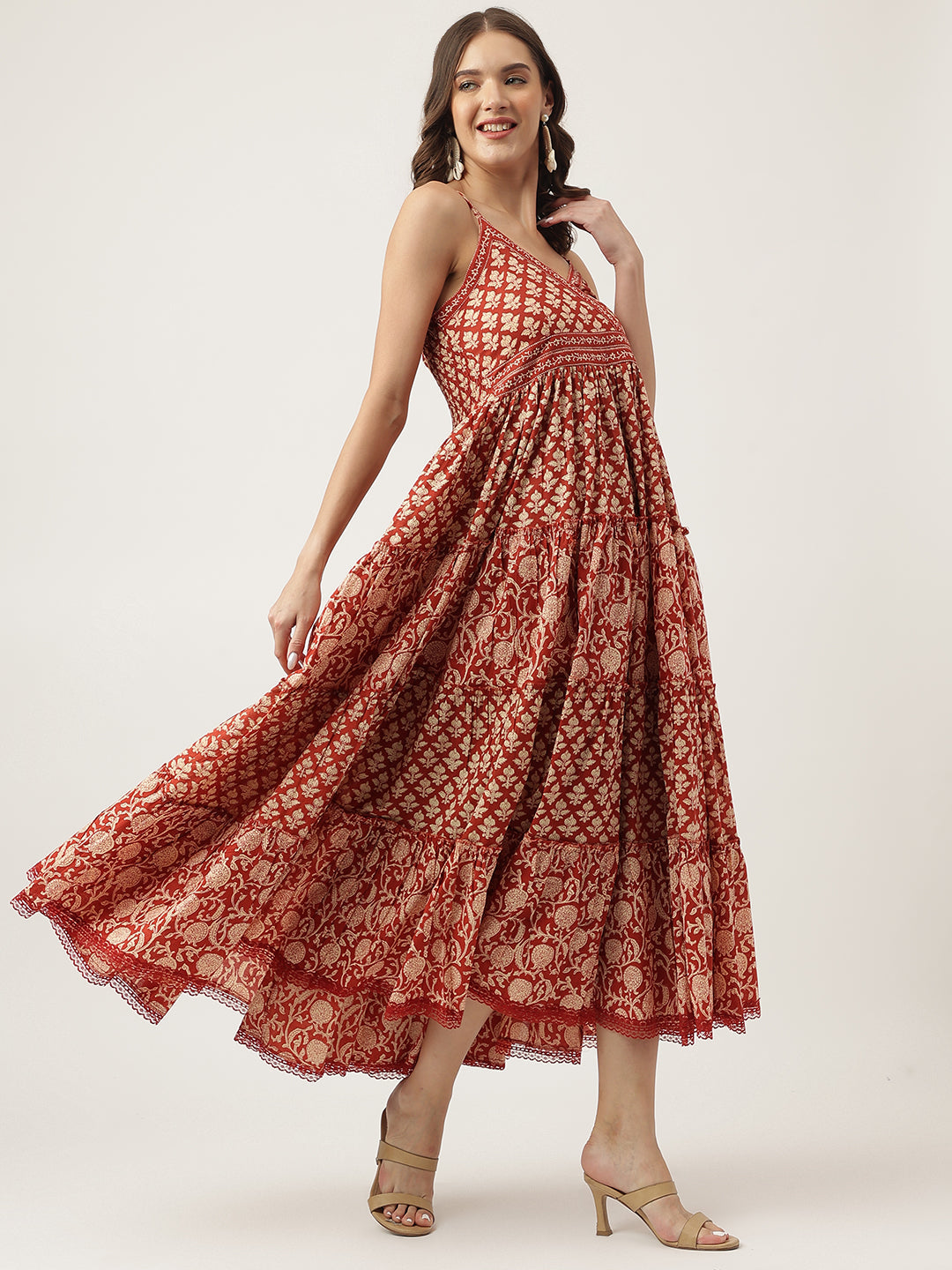 Party Wear Maroon Floral printed Cotton Dress with Smoking Back