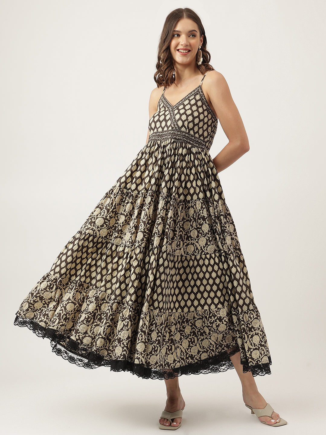 Floral Printed Cotton Empire Brown Party Wear Dress for Women