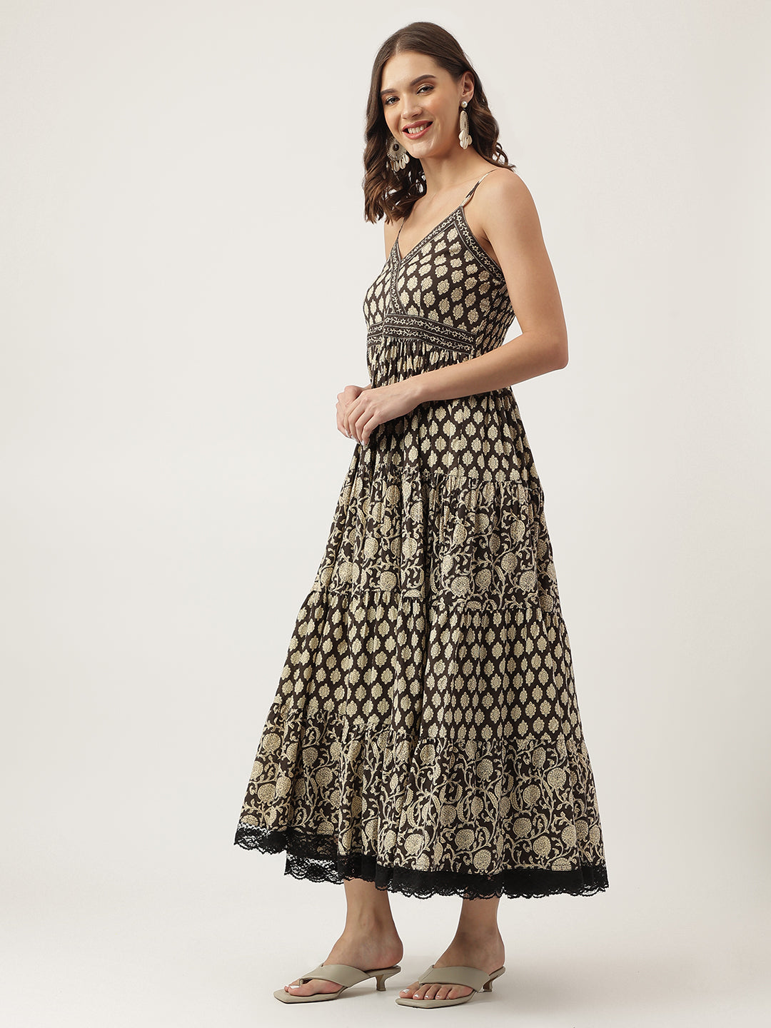 Floral Printed Cotton Empire Brown Party Wear Dress for Women