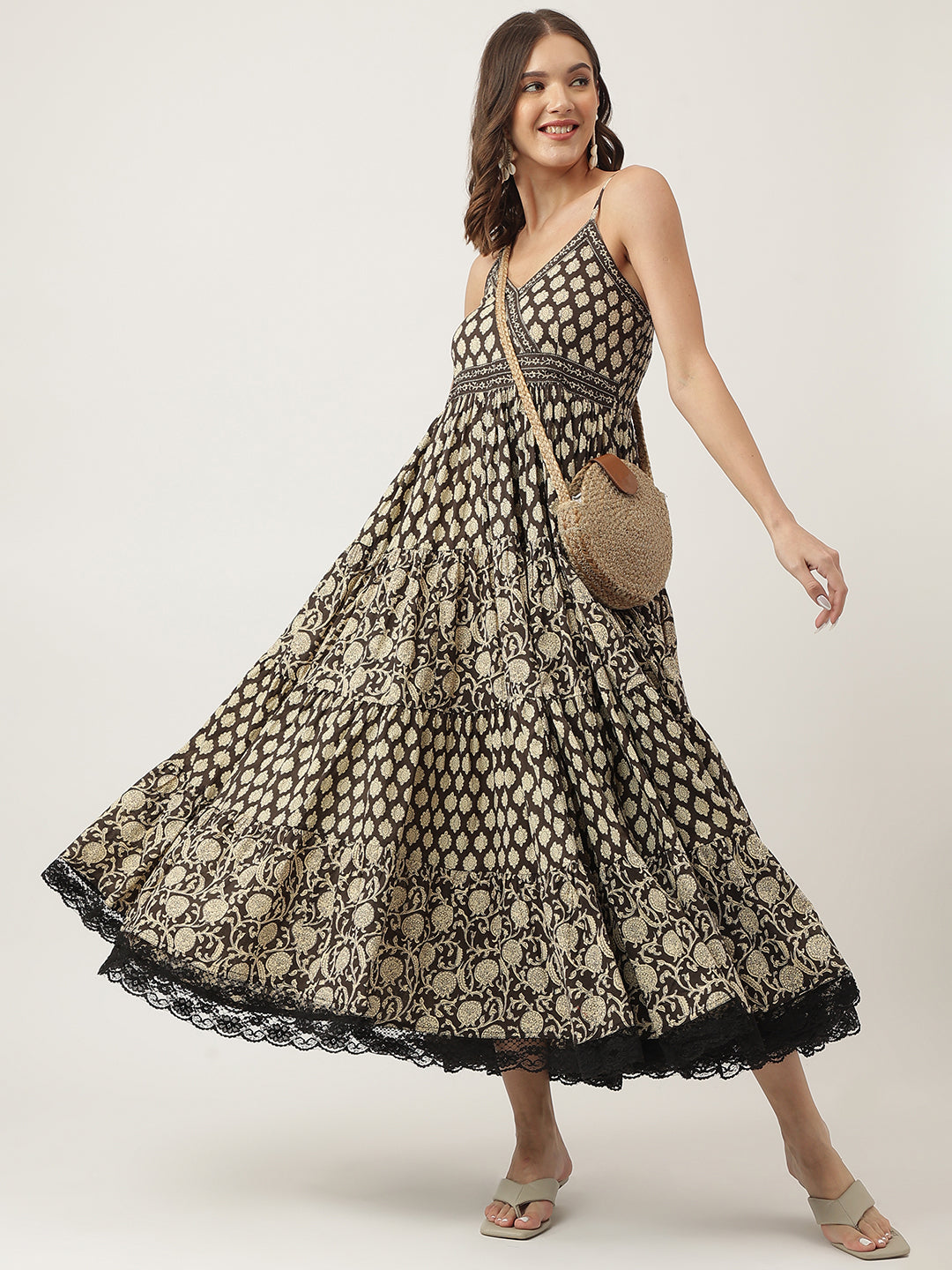Floral Printed Cotton Empire Brown Party Wear Dress for Women
