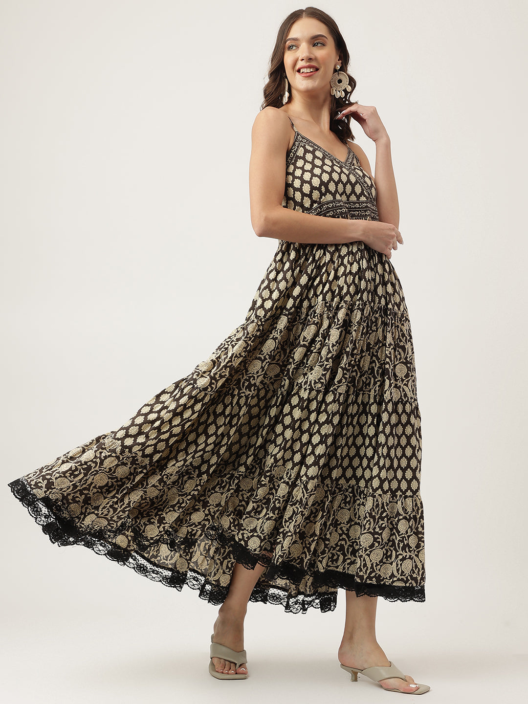 Floral Printed Cotton Empire Brown Party Wear Dress for Women