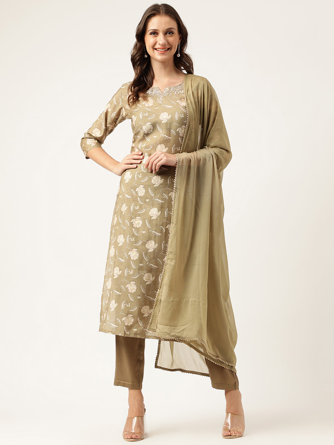 Ethnic Olive Embroidered Cotton Kurta Trouser with Dupatta Set