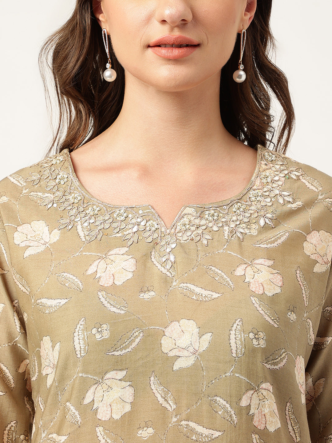 Ethnic Olive Embroidered Cotton Kurta Trouser with Dupatta Set