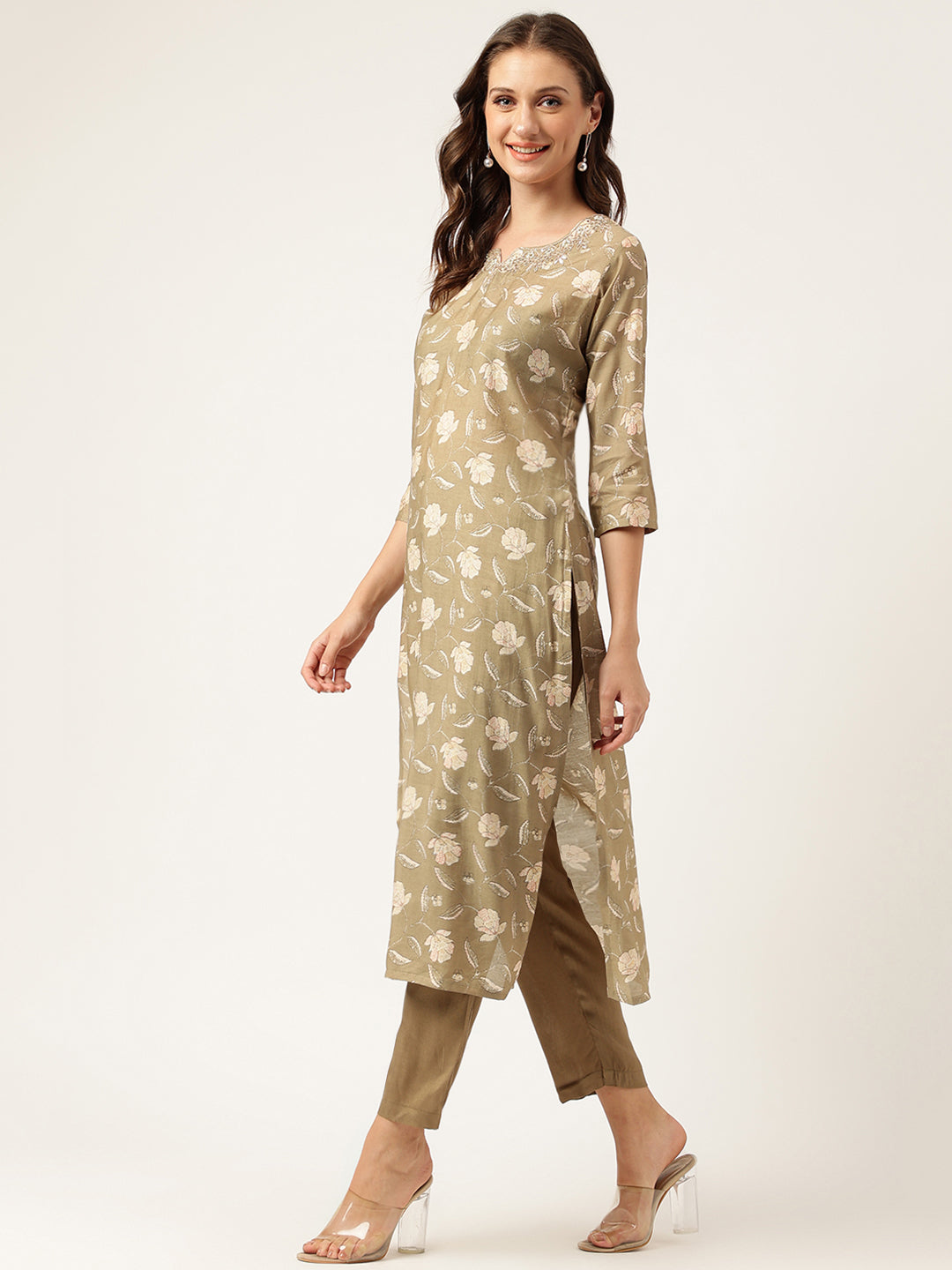Ethnic Olive Embroidered Cotton Kurta Trouser with Dupatta Set