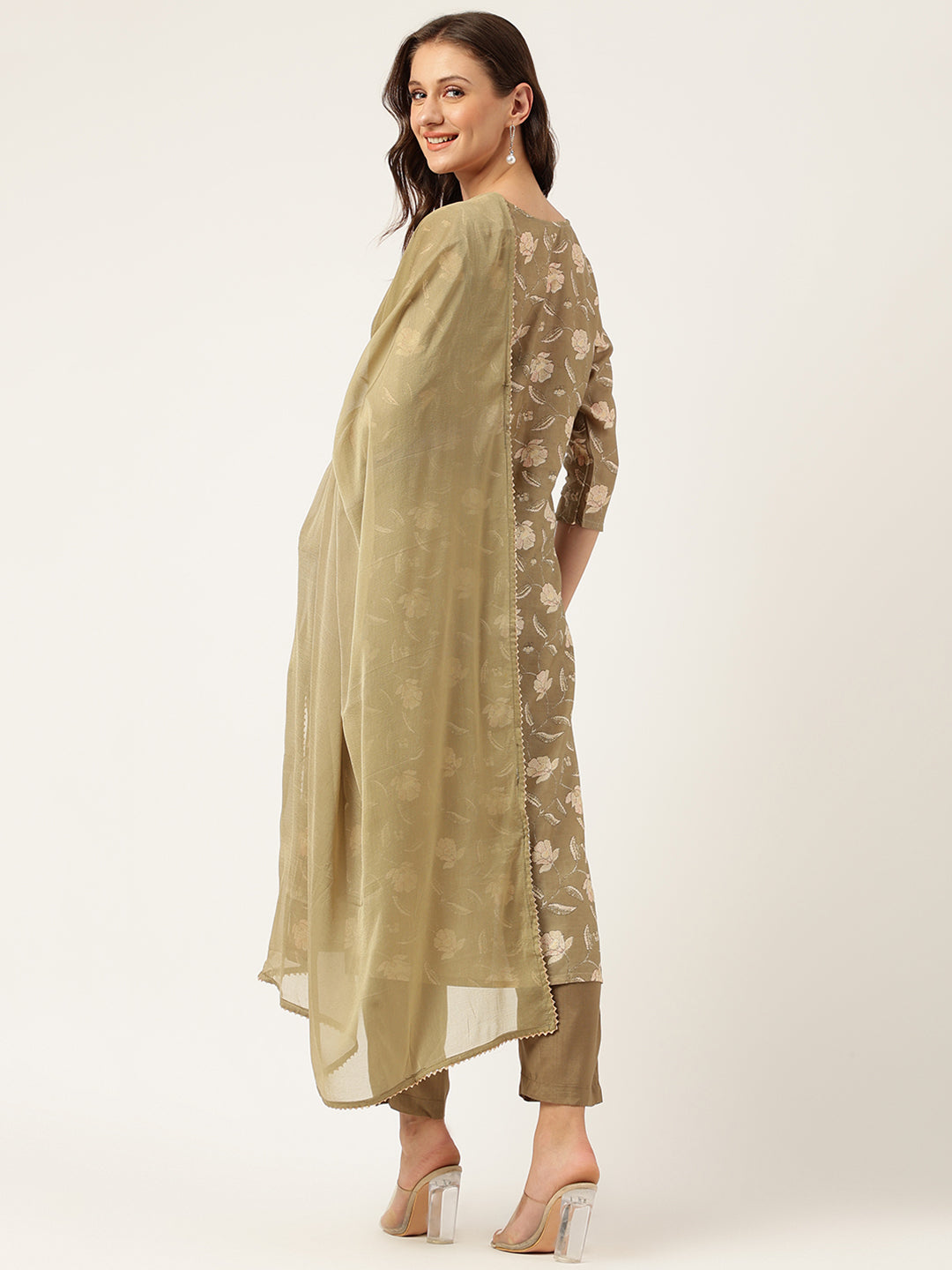 Ethnic Olive Embroidered Cotton Kurta Trouser with Dupatta Set