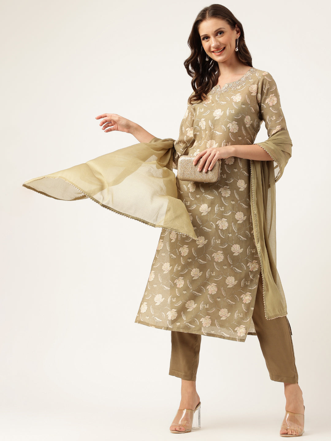 Ethnic Olive Embroidered Cotton Kurta Trouser with Dupatta Set