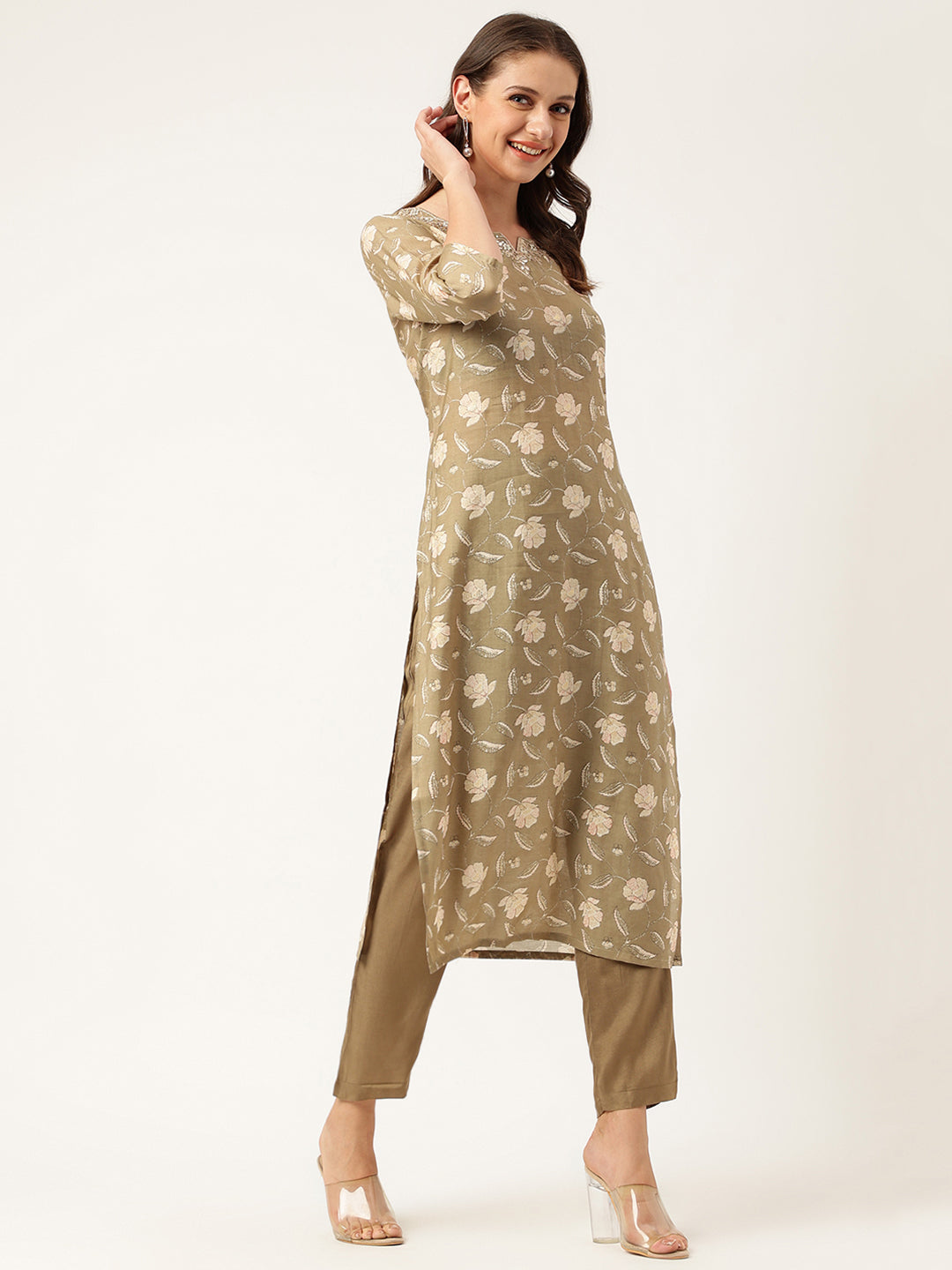 Ethnic Olive Embroidered Cotton Kurta Trouser with Dupatta Set