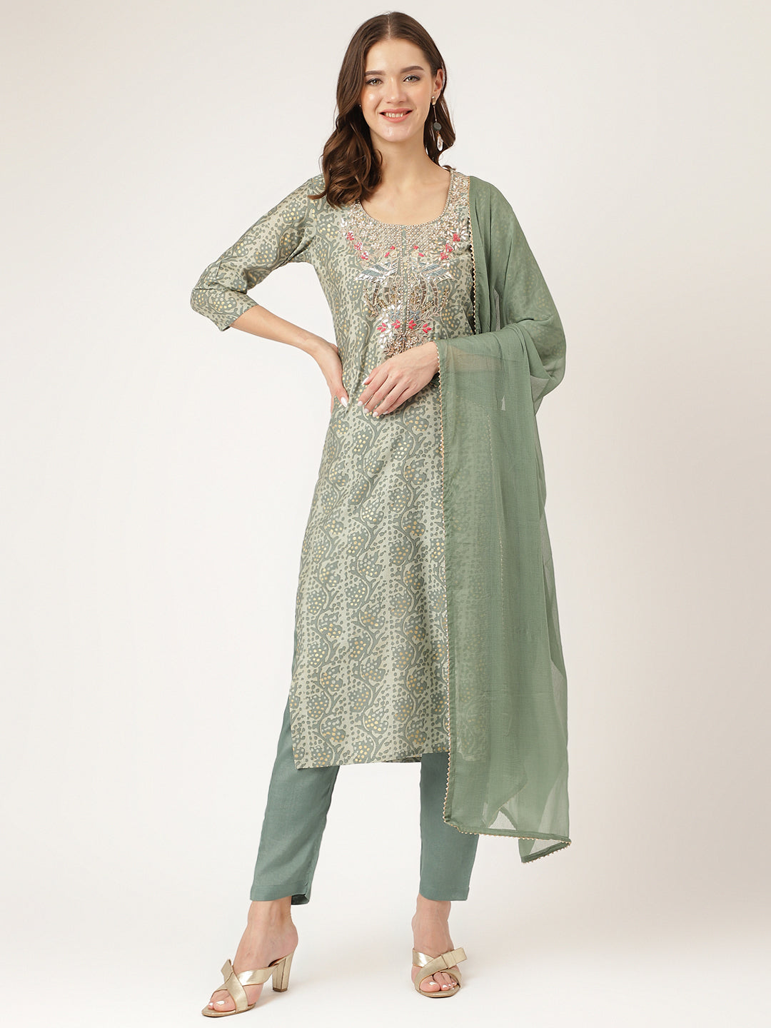 Ethnic Green Floral Print Chanderi Kurta Pant Set With Dupatta