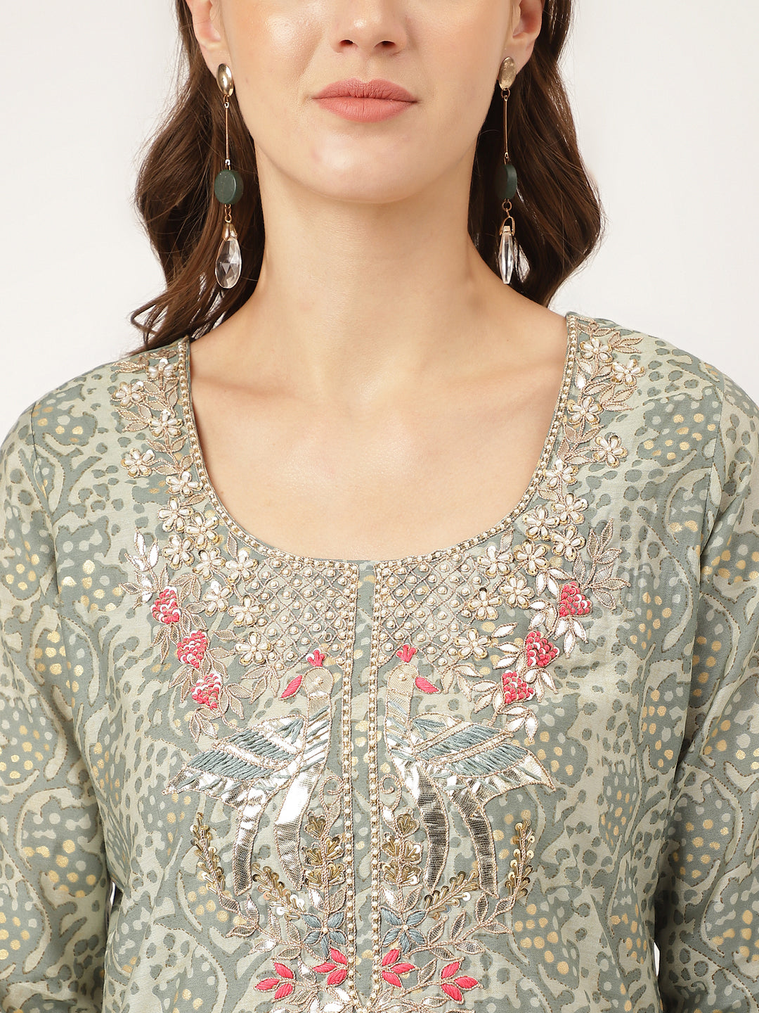 Ethnic Green Floral Print Chanderi Kurta Pant Set With Dupatta