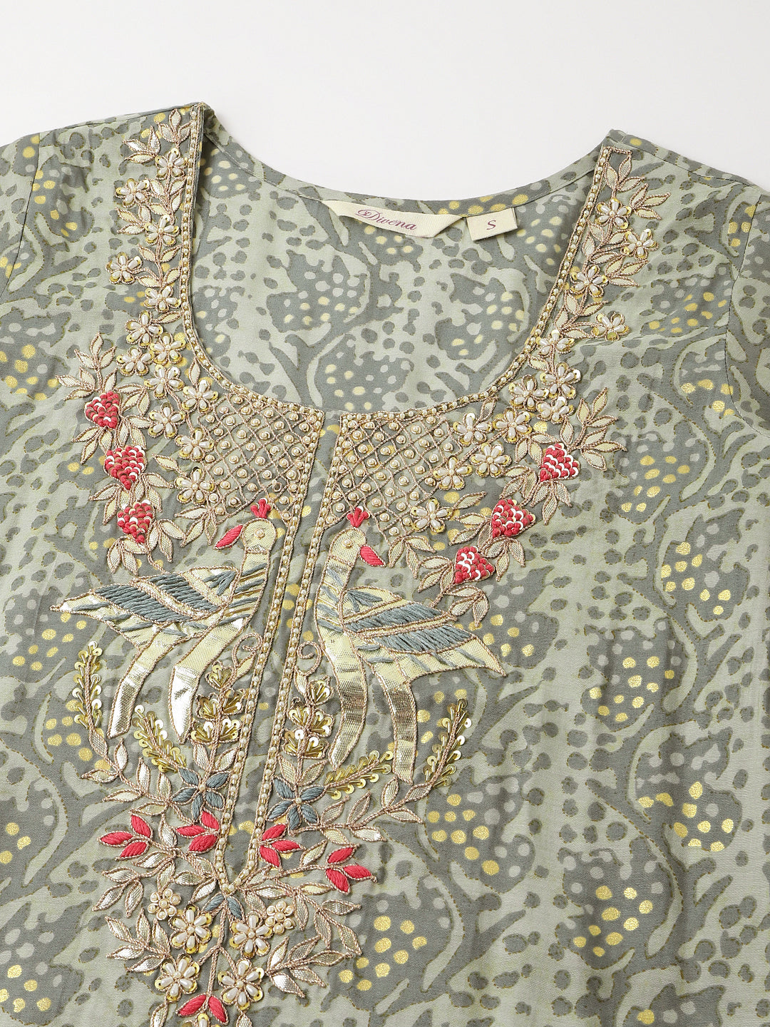 Ethnic Green Floral Print Chanderi Kurta Pant Set With Dupatta