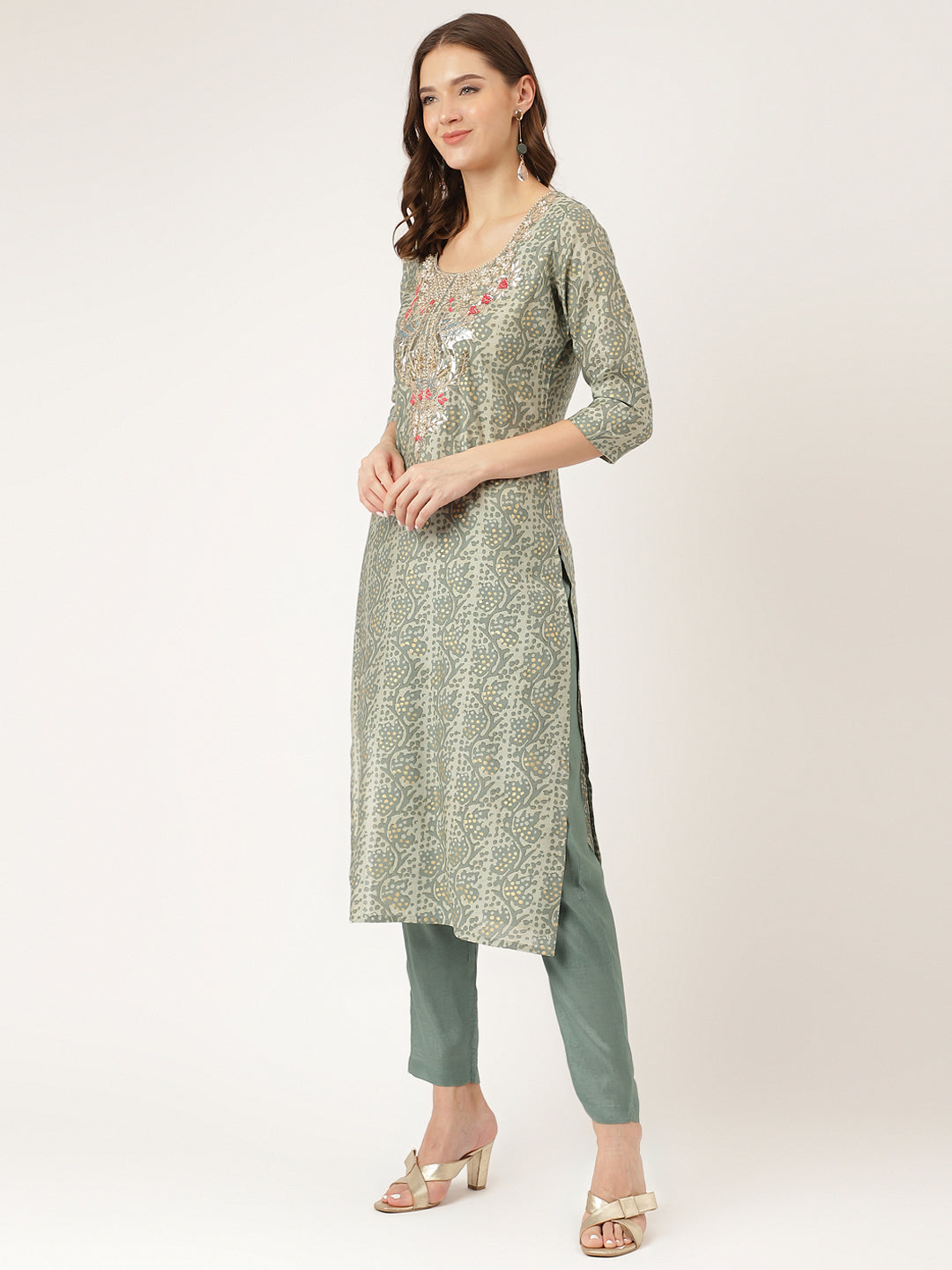 Ethnic Green Floral Print Chanderi Kurta Pant Set With Dupatta