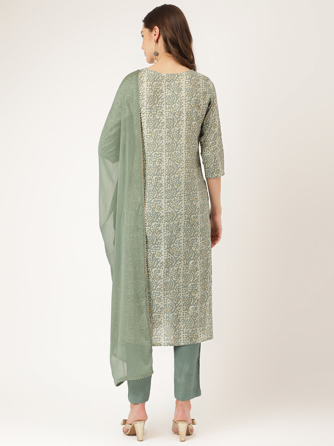 Ethnic Green Floral Print Chanderi Kurta Pant Set With Dupatta