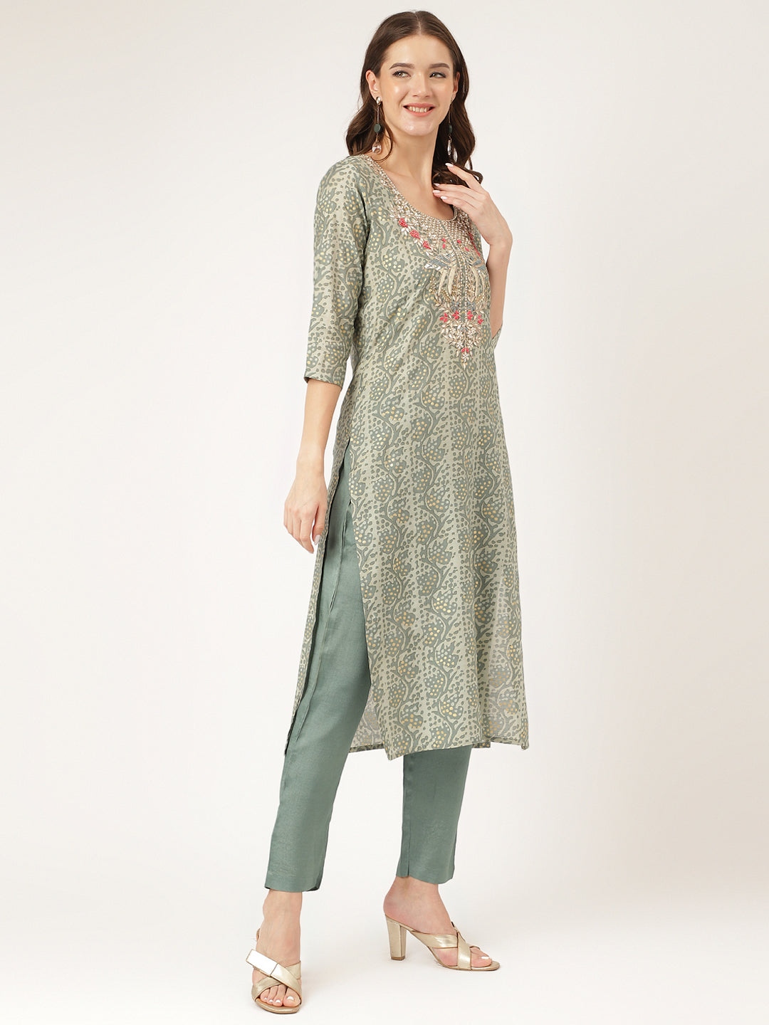 Ethnic Green Floral Print Chanderi Kurta Pant Set With Dupatta